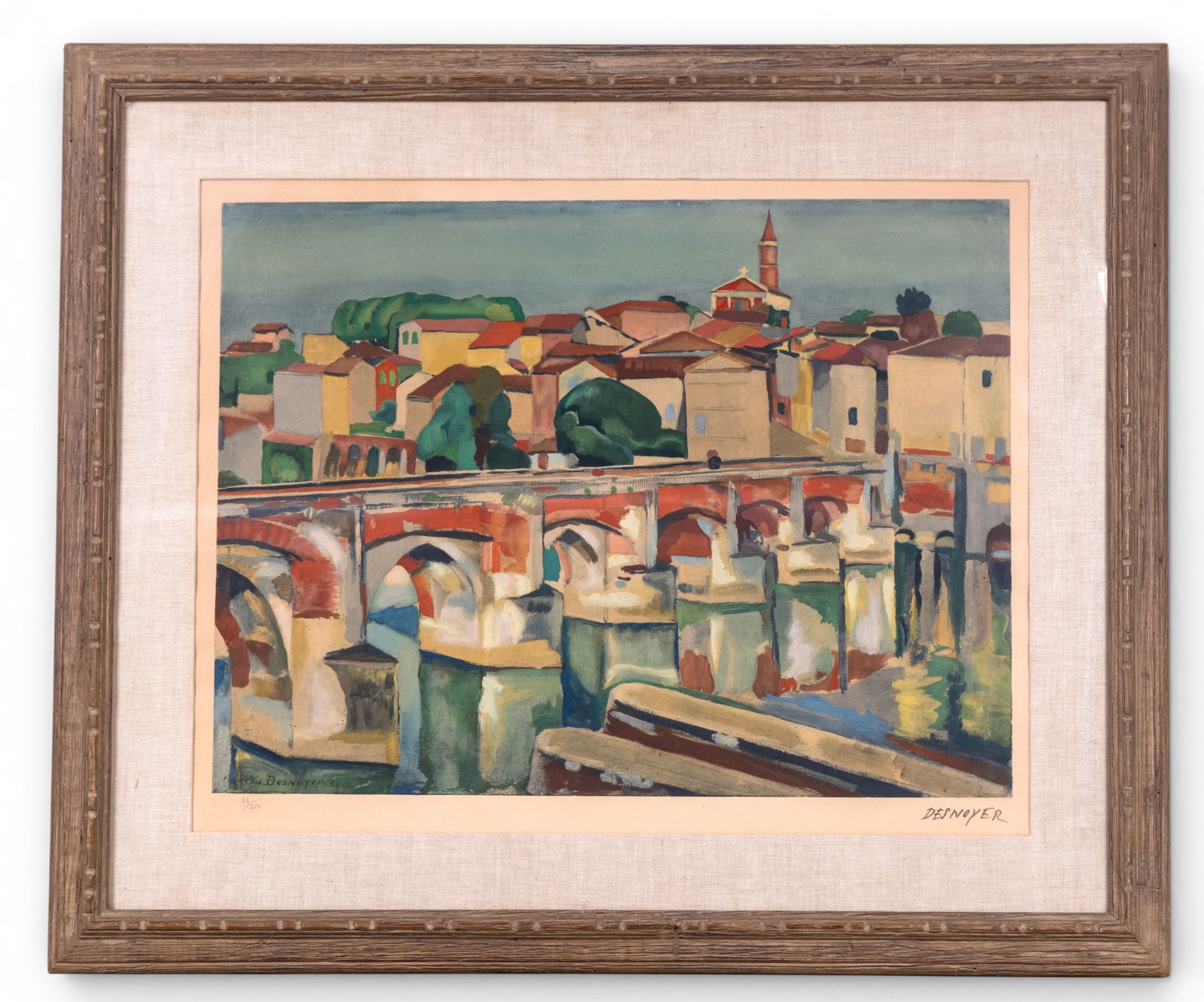 Signed & Numbered Lithograph, F. Desnoyer: Signed and numbered color lithograph by Francois Desnoyer (French. 1894-1972), depicting a stylized European townscape with arched bridge spanning a river, clustered buildings, and church tower