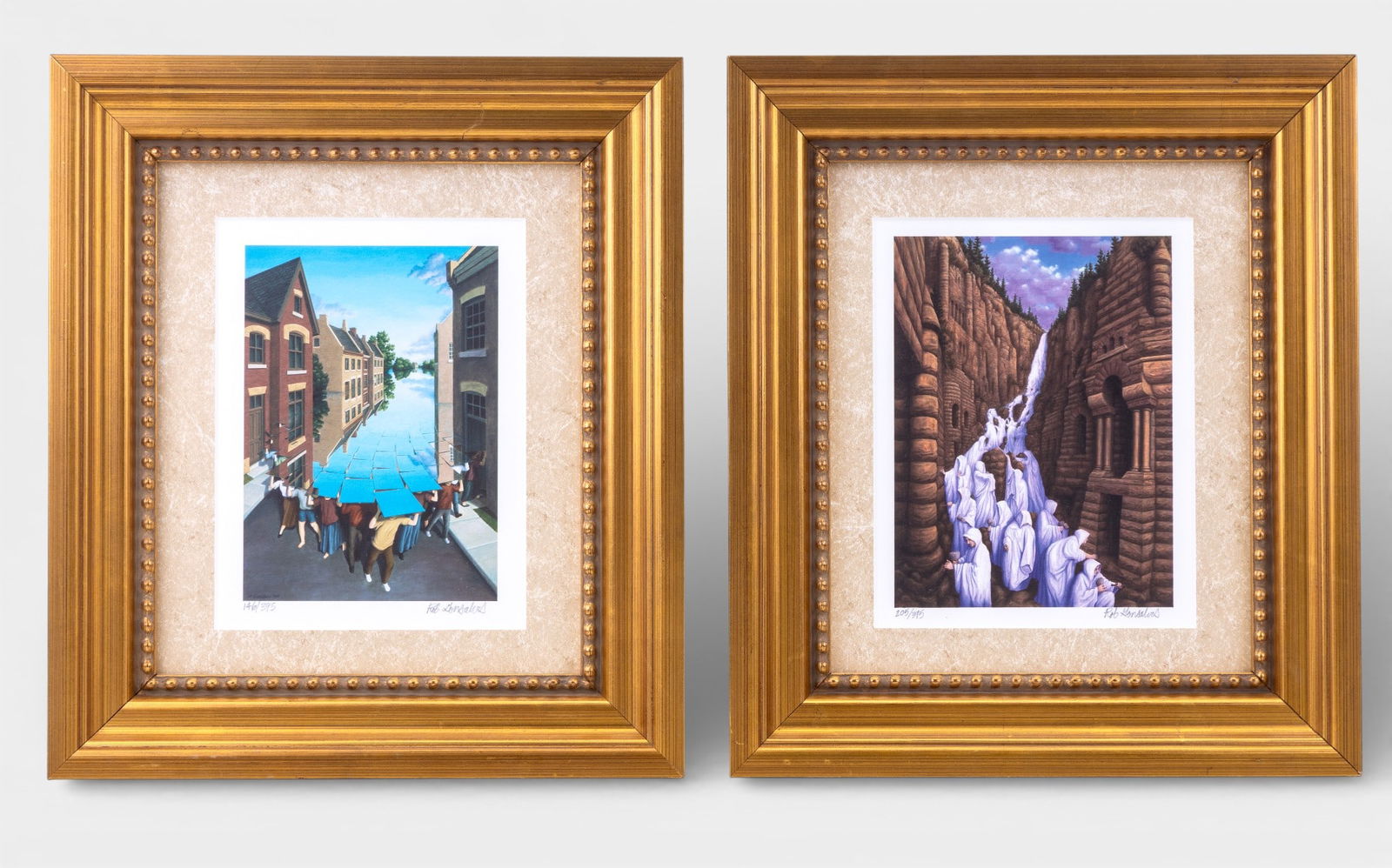 Rob Gonsalves (1959-2017) Editioned Prints: Two framed prints by Rob Gonsalves (Canadian, 1959-2017) titled 'Here Comes the Flood' #146 of 395, and 'Carved in Stone' #205 of 395, professionally framed, they measure approx. 11.5" W x 14" H.