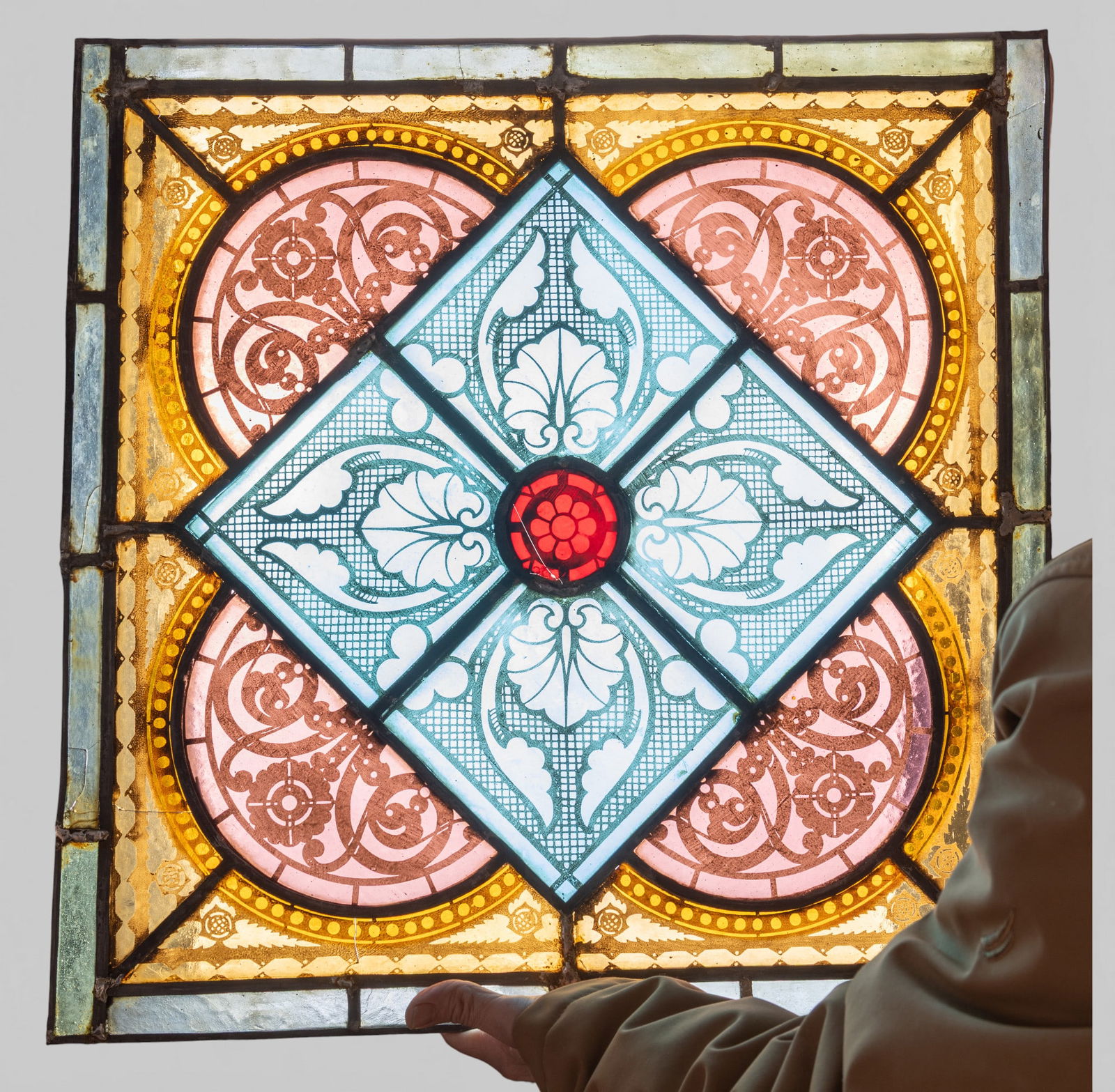 19th C Leaded Stained Glass Window Pane, Unframed (1 of 10)