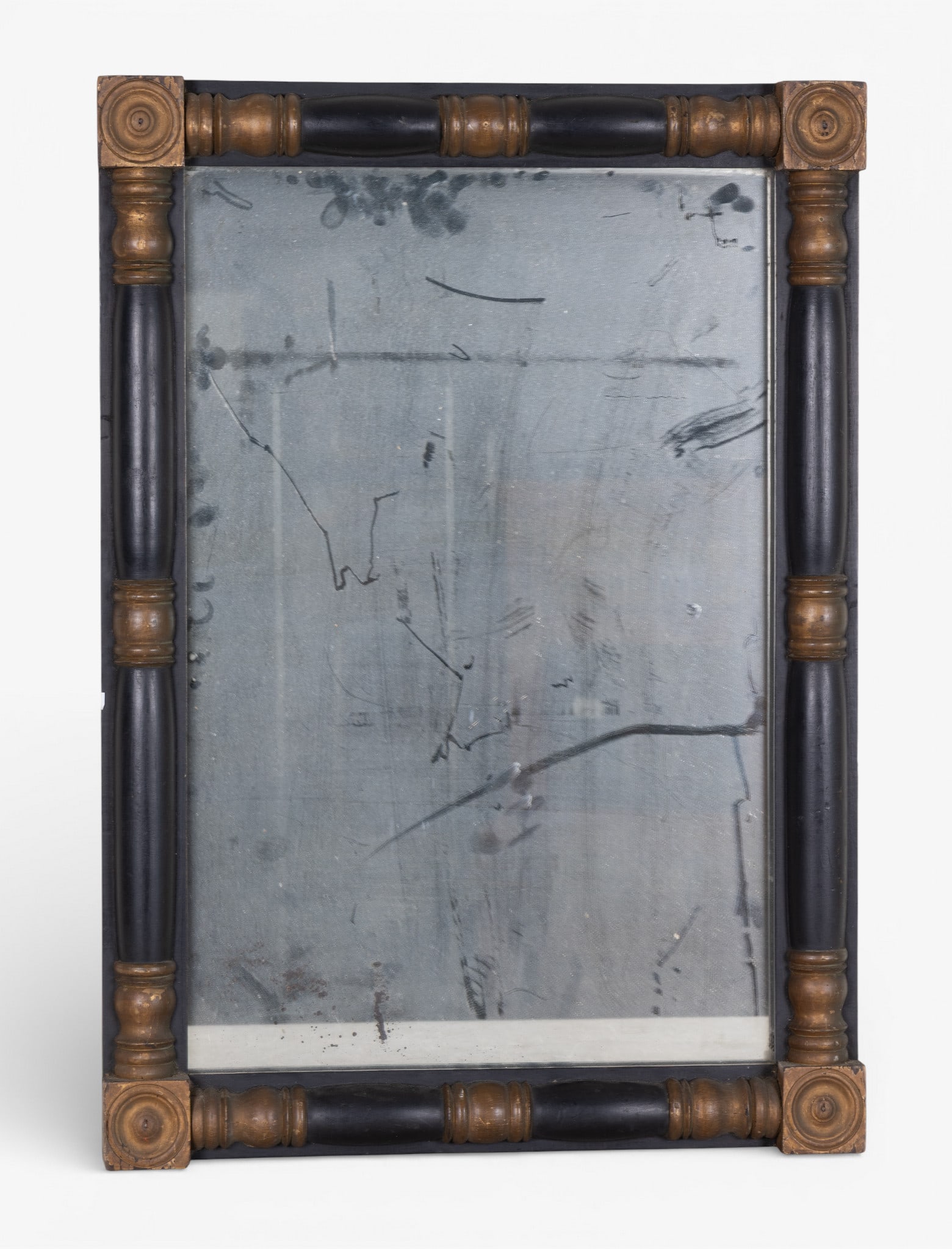 Antique Federal Mirror: An antique Federal wood framed mirror, note loss to mirror pane, measures approx. 19.75" W x 28" H.