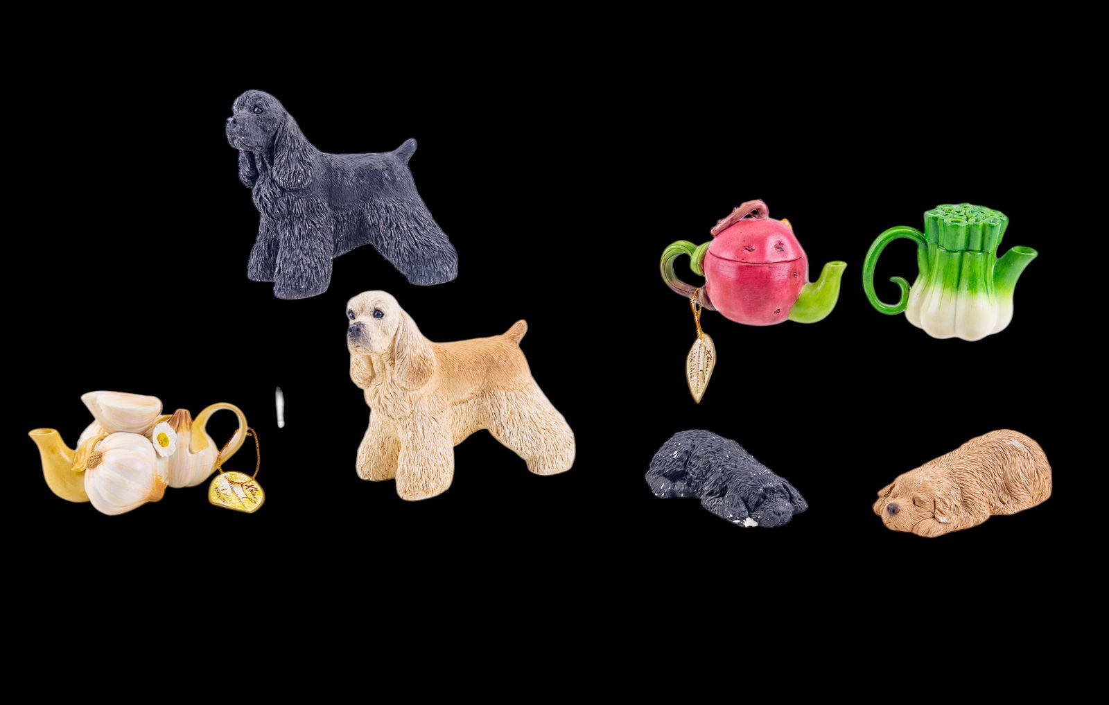 Khien Ceramic Mini Pots + Dog Figurines: Three colorful Khien, Thailand hand made ceramic miniature nature inspired tea pots with their lids (two include original labels). The largest is shaped as garlic and is approx 4" L. Also included are