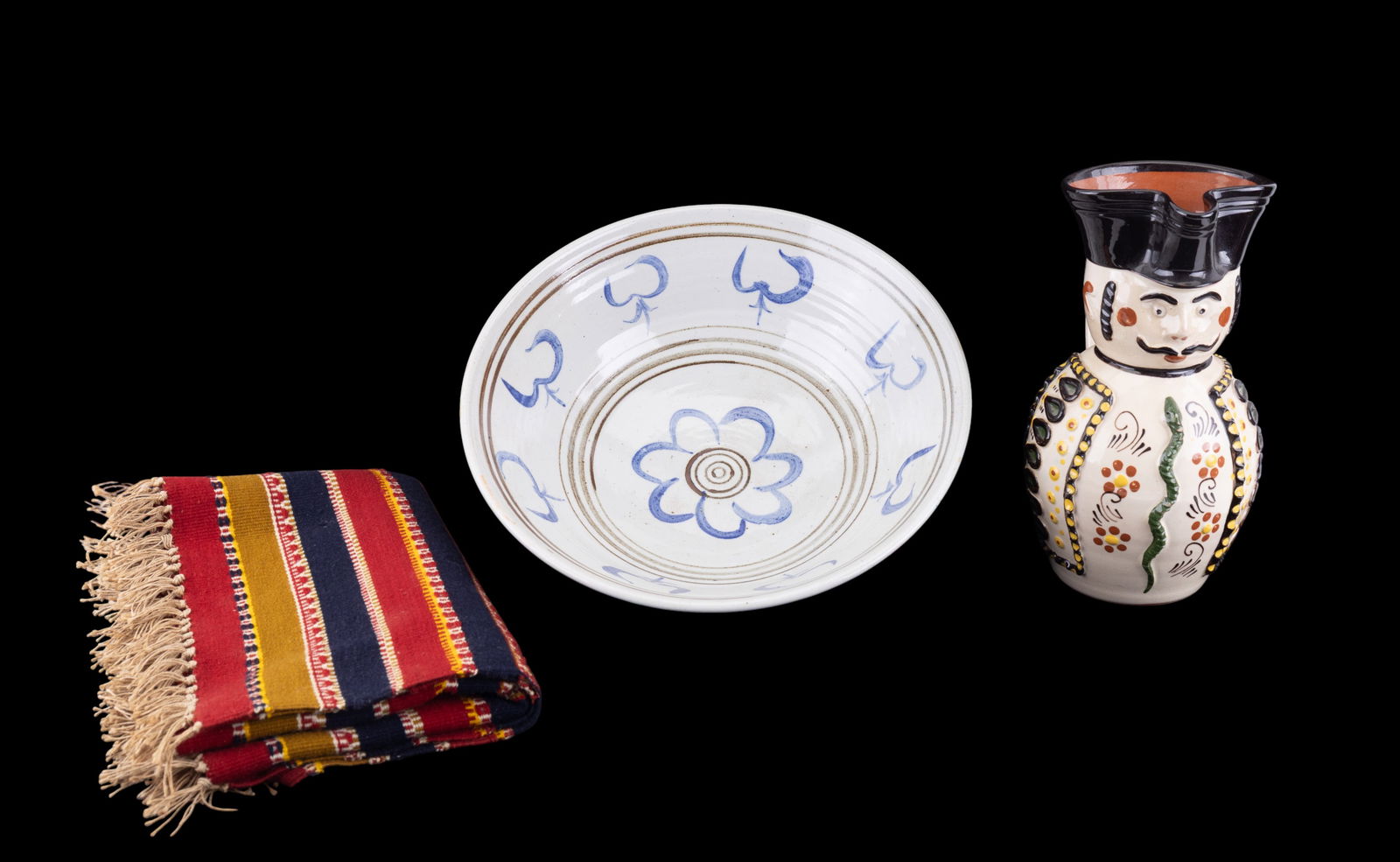 Hungarian Miska, Delft Bowl, & Polish Serwietka: A Hungarian redware Miska jug (approx. 10" H), a wheel thrown blue and white Delft style earthenware bowl (approx. 13" diam x 4" H), and a Polish hand woven wool serwietka / table runner, (approx. 15"