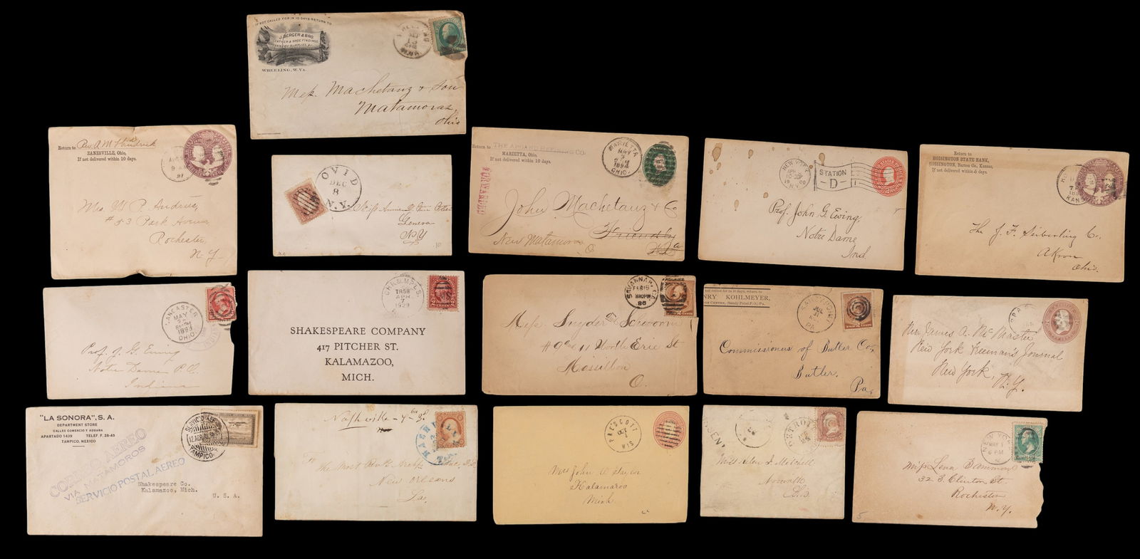 19th C United States & Mexican Correspondence: A collection of envelopes carrying hand written correspondence and featuring 19th C cancelled United States and Mexican postage.