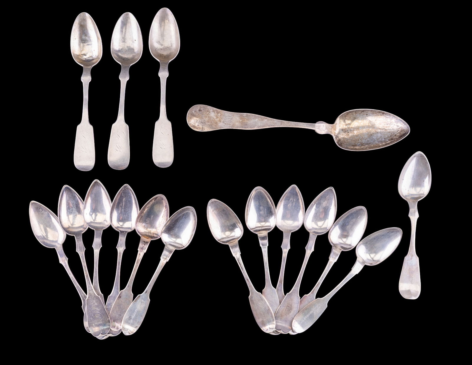 Coin Silver Spoon Collection, 10.7 ozt: Coin silver spoons comprising six teaspoons marked J. Einstein, seven teaspoons marked J. Hollister, and three additional coin silver teaspoons. Includes one 8.5-inch tablespoon marked ?Coin.? All spo