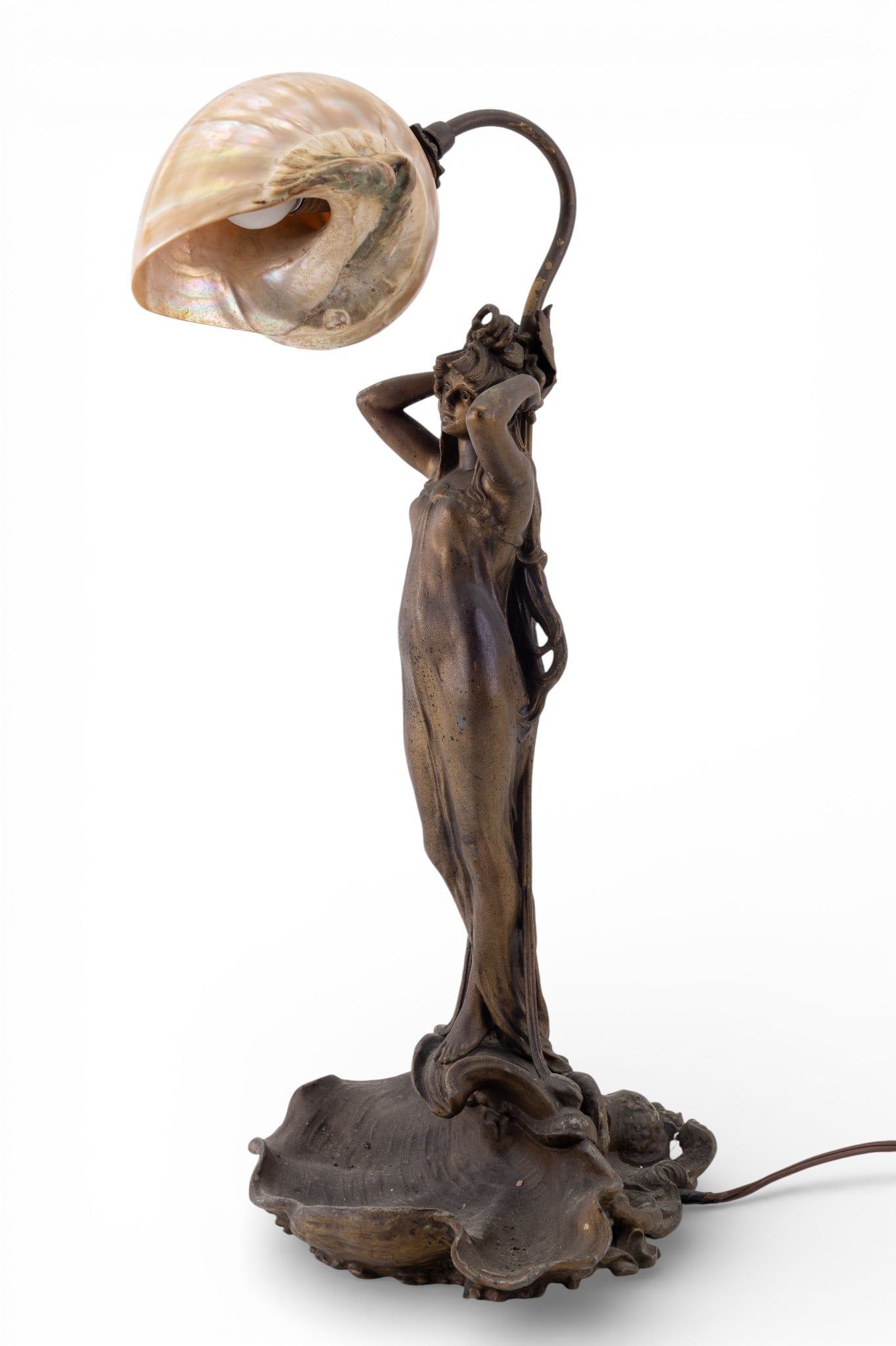 Art Nouveau Bronze Figural Lamp w/ Shell Shade (1 of 12)