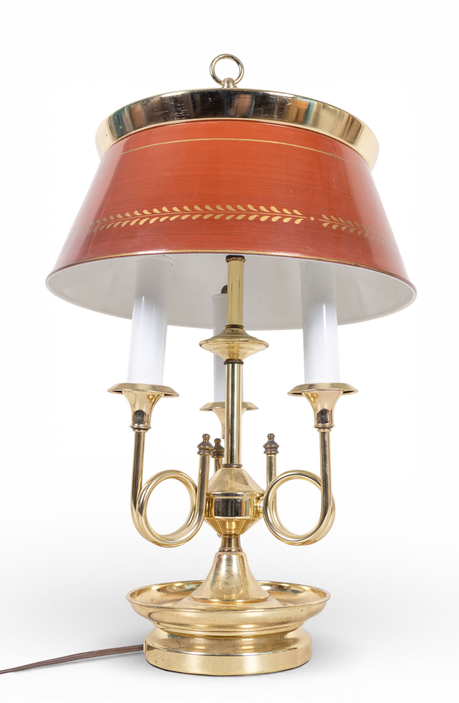Brass Bouillotte Table Lamp, Red Tole Shade (1 of 9)