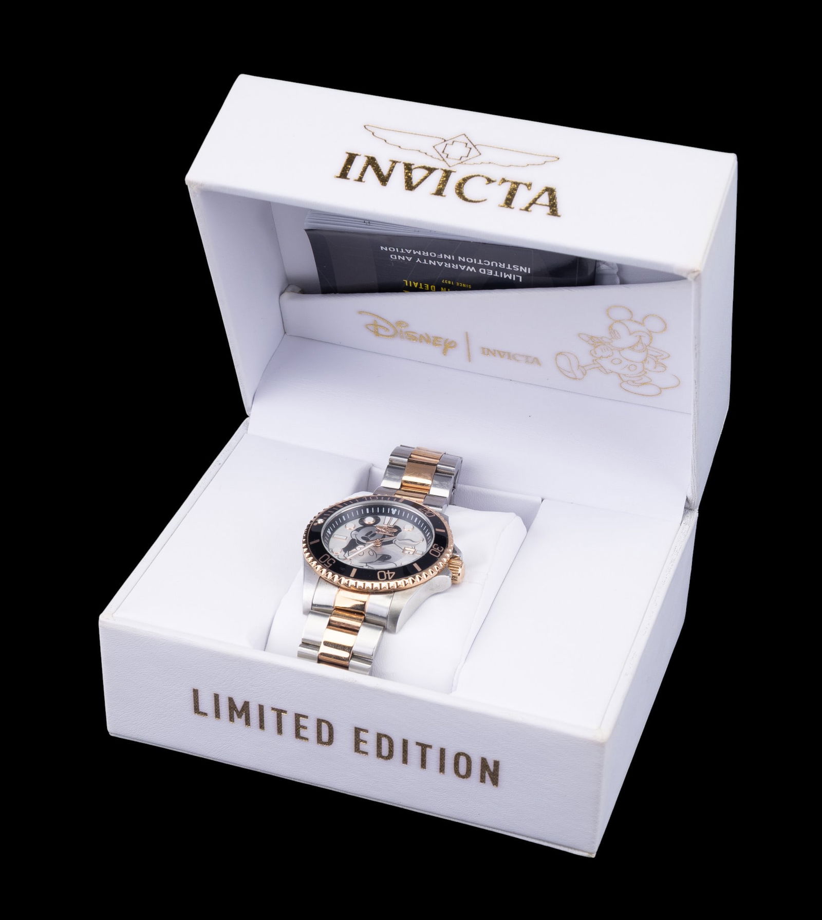 Invicta Limited Edition Mickey Mouse Watch: Invicta limited edition wristwatch featuring a two-tone silver and rose gold stainless steel case and band. The analog dial showcases a Mickey Mouse design on a white background with black and rose go