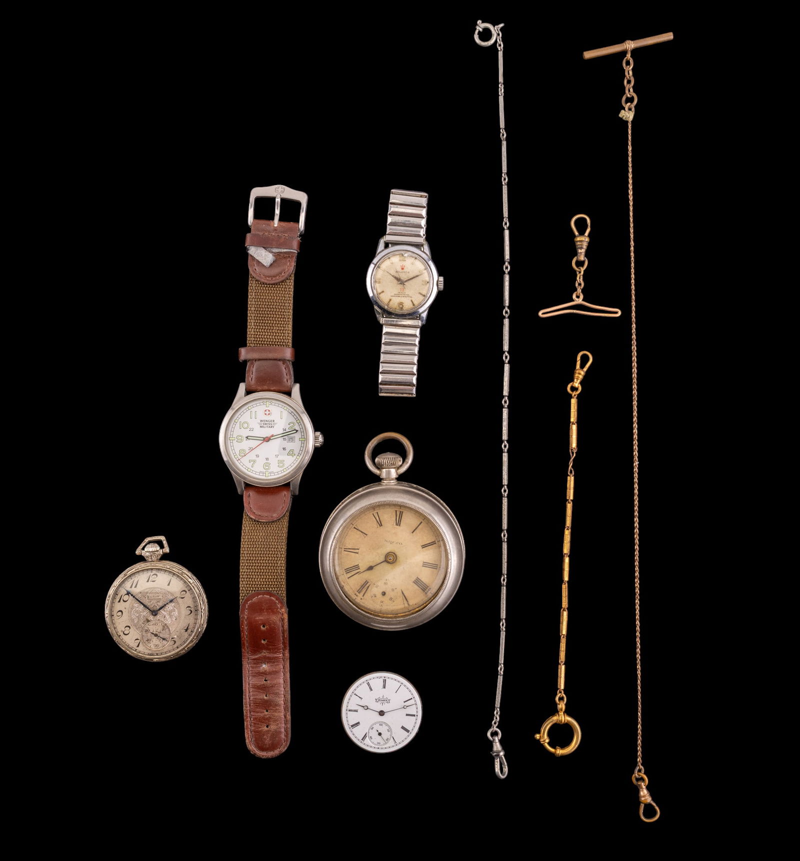 Elgin and Other Watches: An Elgin movement with no case, movt. #6134946, an Elgin 17 jewel movement in an early Keystone 14K GF case #7558256, movt. #26686783, a 19th C key wind pocket watch with paper dial by N.H.C. Co., a v