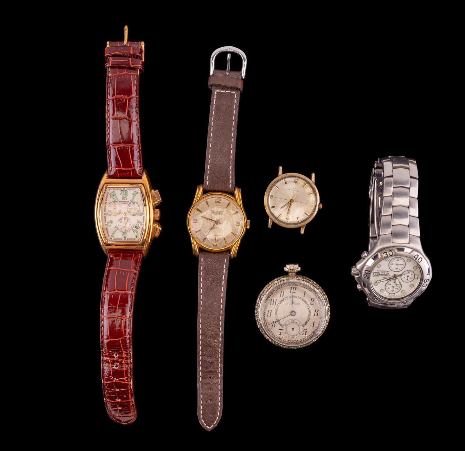 Citizen, Stratford, Hamilton, and Other Watches: A Baxx and Bloom Vienna model #BB04-004 wrist watch with genuine leather band, a Diwen vintage wrist watch #11408 on a genuine leather band, a Citizen WR200 Chronograph wrist watch #970100, a vintage