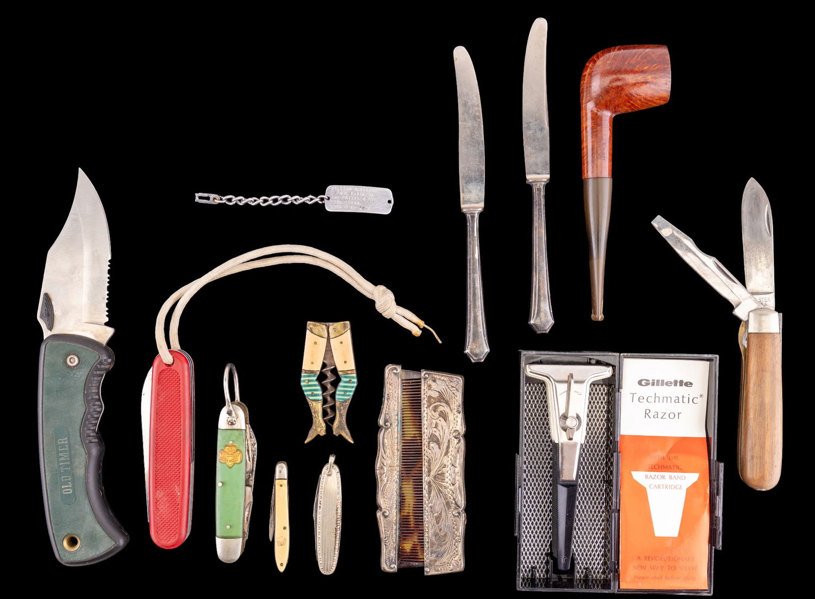 Vintage & Modern Pocket Knives, and More: Mixed tray assortment including multiple folding pocket knives of varying patterns and periods, including a green handled Girl Scouts of America pocket knife with applied gilt emblem, a Schrade U.S.A.