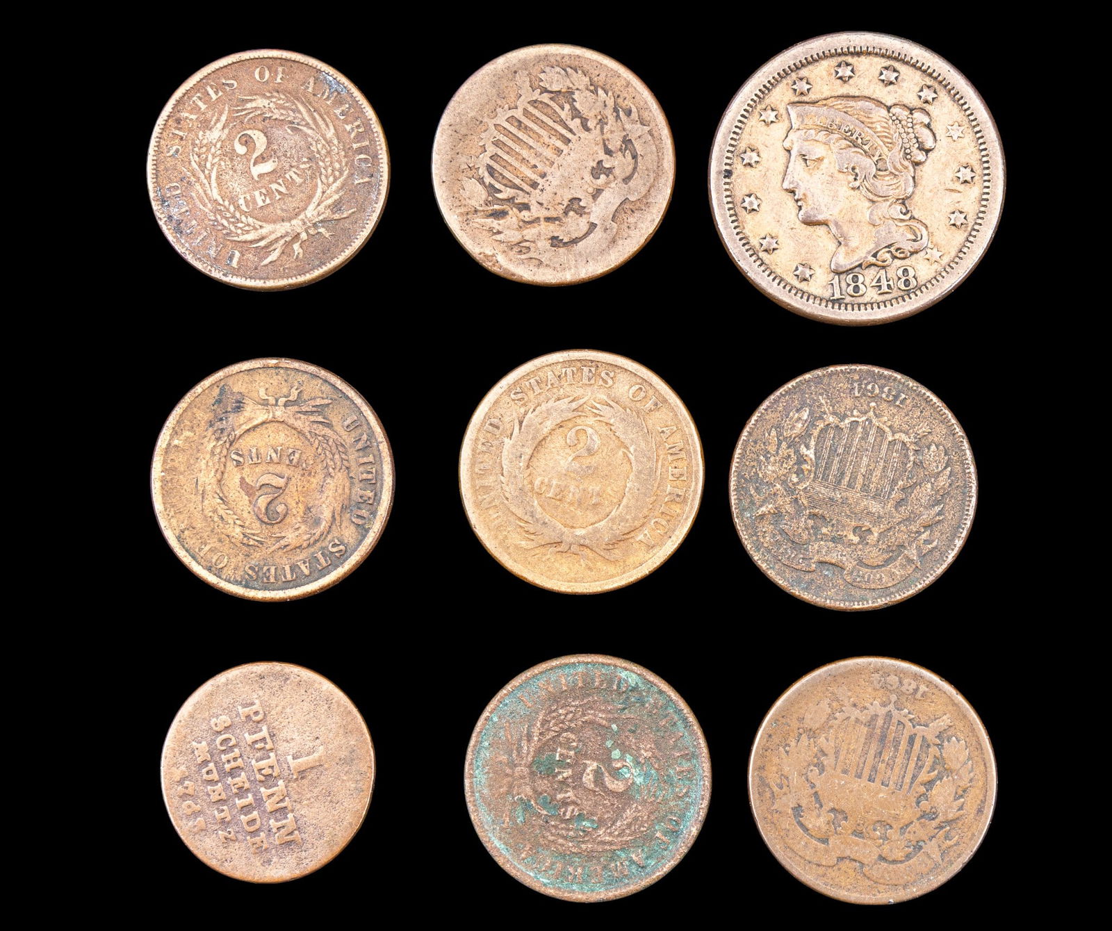 Group of 2-Cent Pieces and Others (1 of 7)
