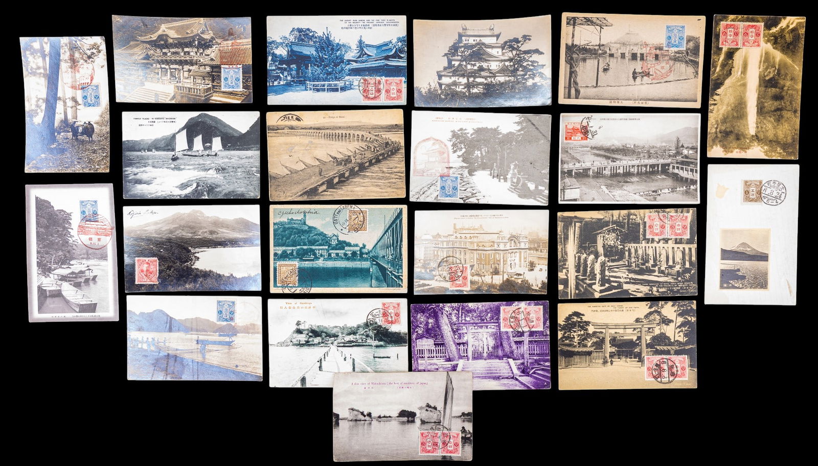 Japanese Postcards w/ Stamps and Cancellations: Early Japanese postcards including scenic views, architecture, landscapes, interior views, and other examples, several franked with Japanese postage stamps and bearing postal cancellations.