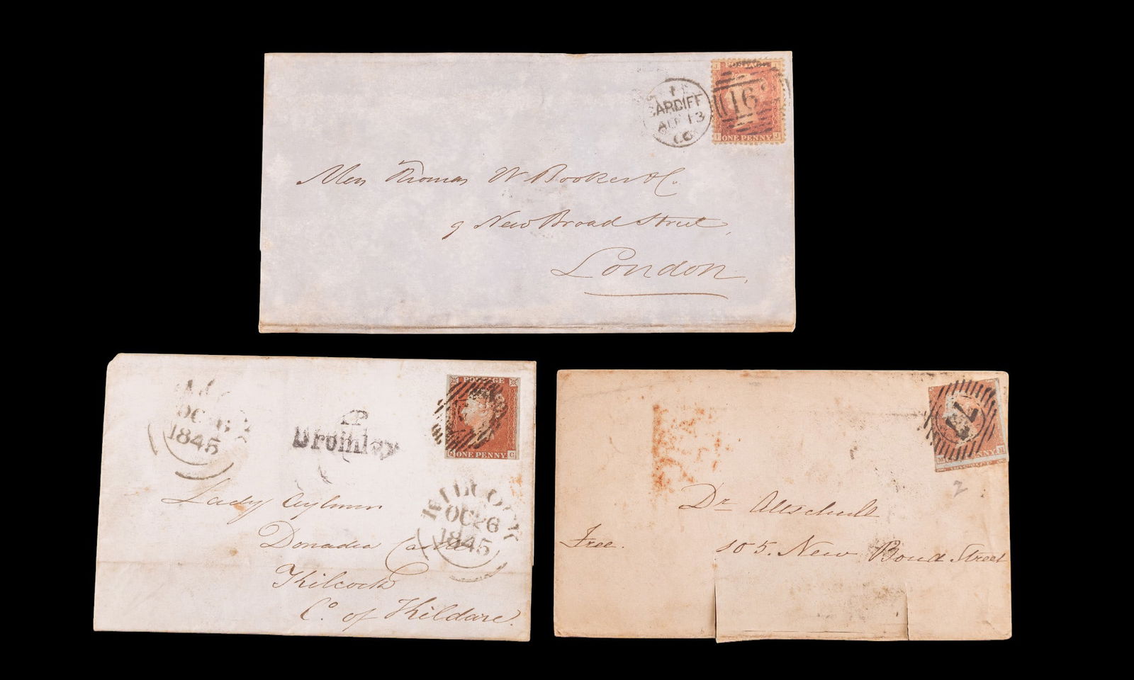 Early American Postal Correspondence, 1845 - 1866: Group of 3 early American postal covers, including 2 dated 1845 and one dated 1866, spanning the mid-19th century. One example bears black wax seal remnant.