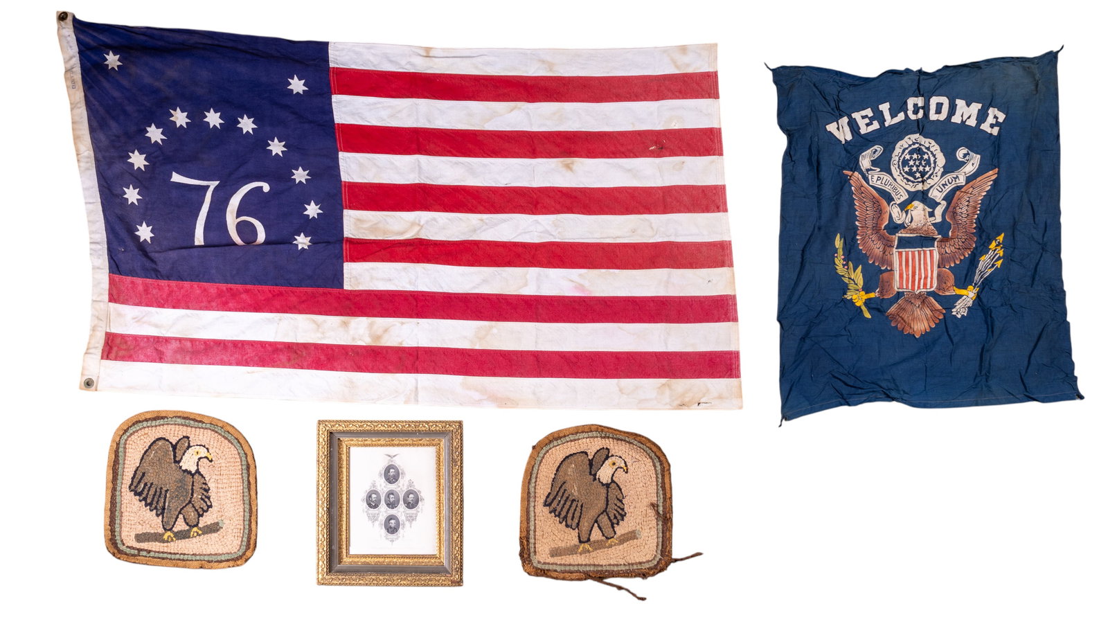 Bicentennial Flag, Antique Seat Covers, & More: A vintage United States Bicentennial flag featuring the '76' and 13-star motif, approx. 34" L x 58" W, an early screen printed American bald eagle seal 'Welcome Home' flag, approx. 32" H x 28" W, a pa