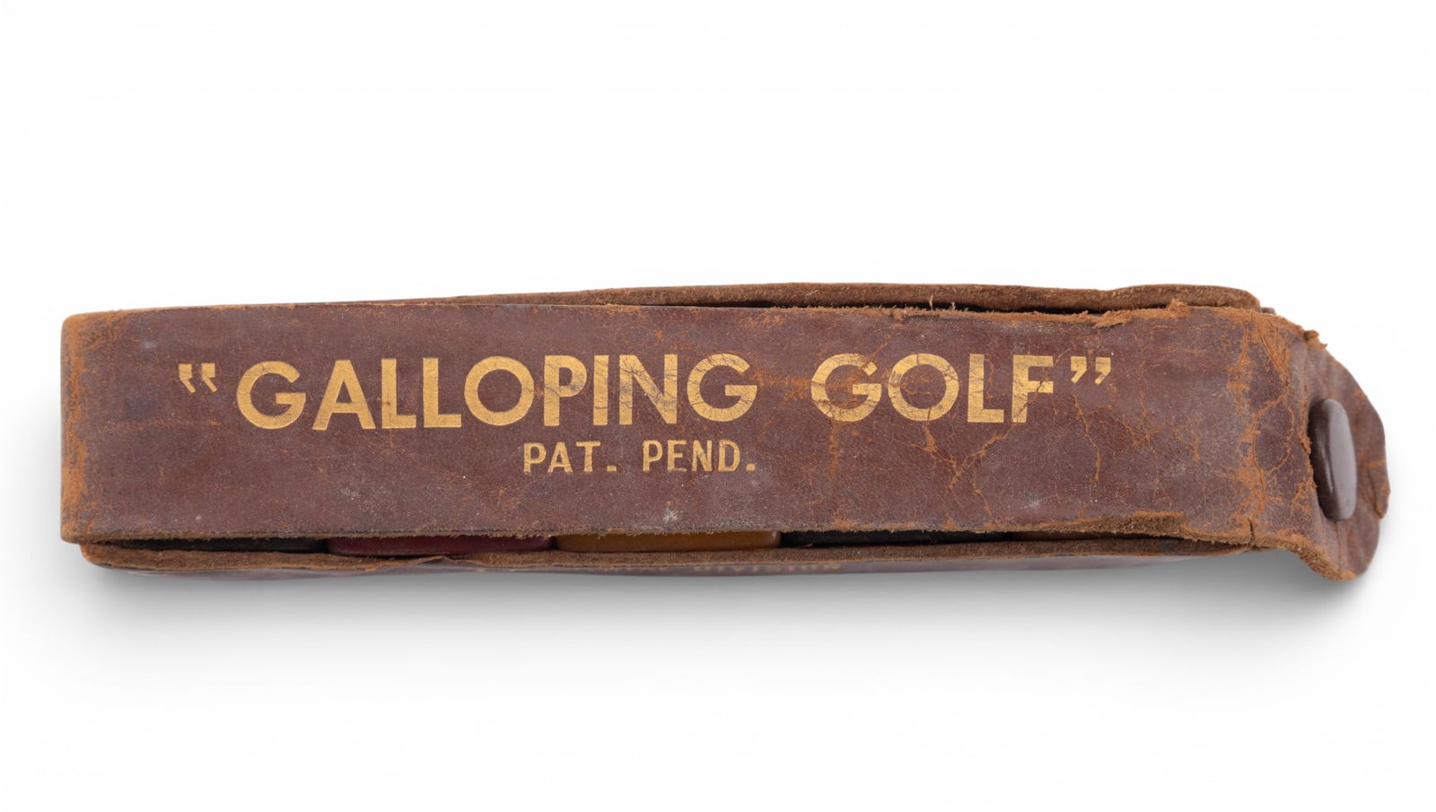 Antique Galloping Golf Dice Game: Antique Galloping Golf dice, housed in its original leather-covered case marked "Galloping Golf, Pat. Pend" and The Standard Toy & Novelty Co., Industrial Division, Williams Co.