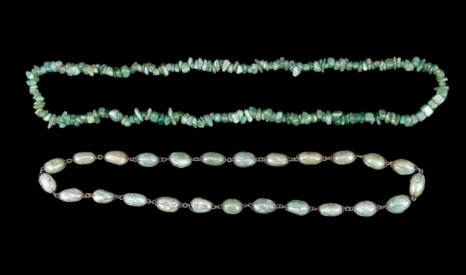 Jade Bead Necklaces: Rough tumbled and polished strand of green jade stones and a silver tone wire wrapped polished jade bead necklace. Longest is 16" from the drop.