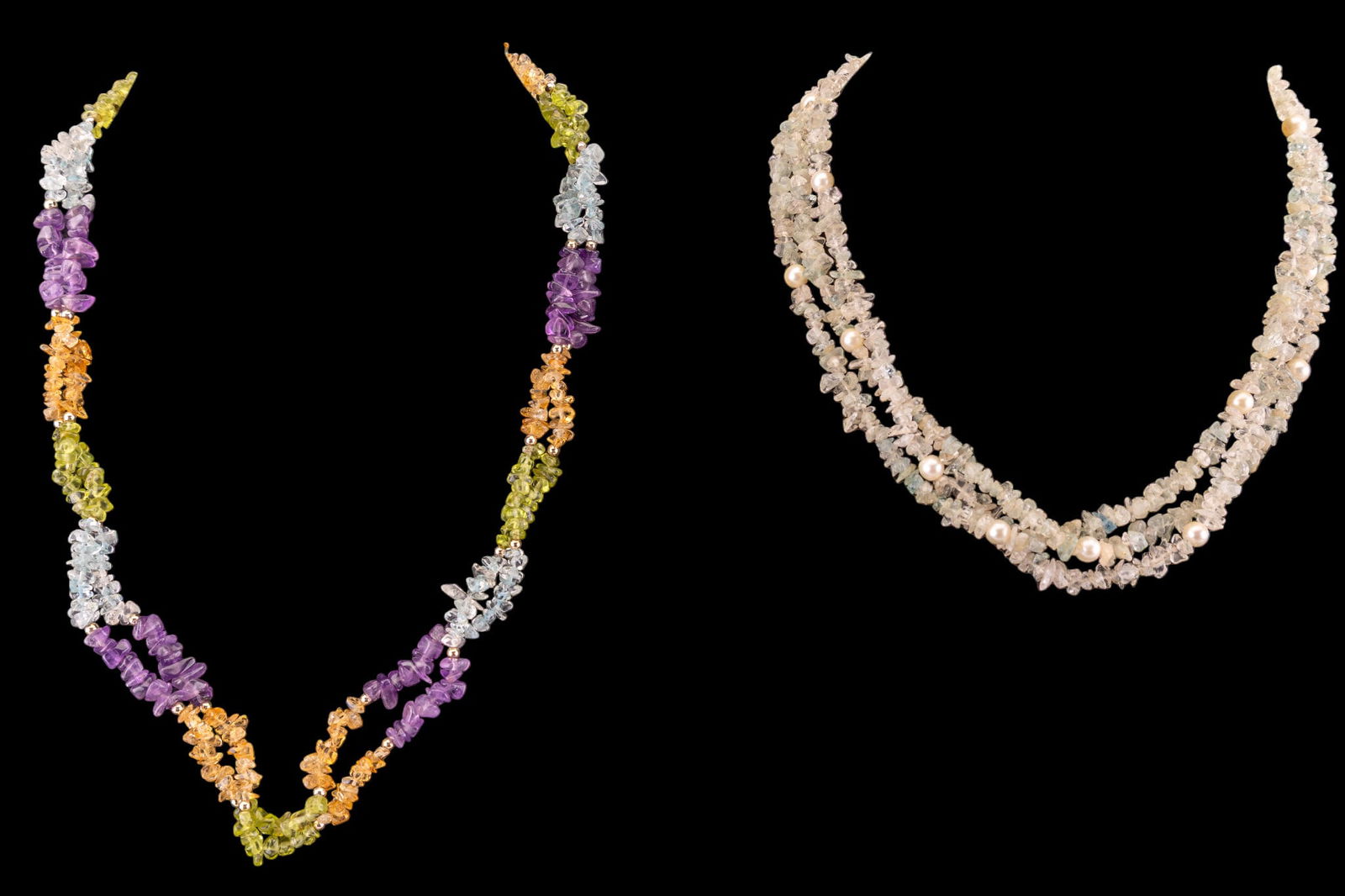 Natural Stone Strand Necklaces & 925 Clasp: Fine vintage three strand necklace featuring rough tumbled aquamarine and quartz stones with faux pearl accents and sterling silver Art Deco clasp; and a double strand necklace featuring rough