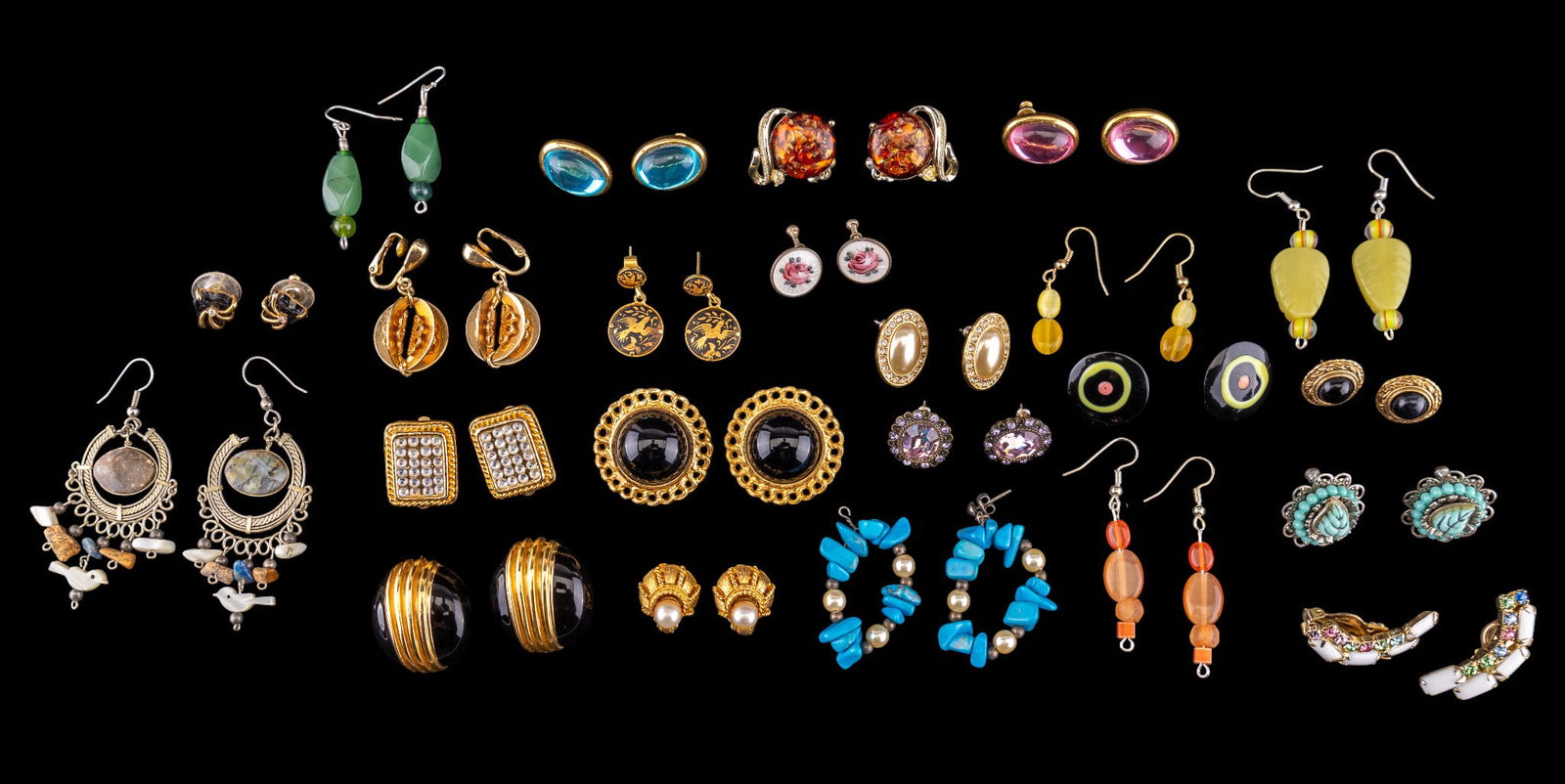 Costume Designer and Other Earrings (23 prs): A collection of 23 pairs of vintage, designer, and other earrings including pierced, clip on, and screw back featuring two pair of Trifari stud earrings with blue and pink cabochons respectively, brig