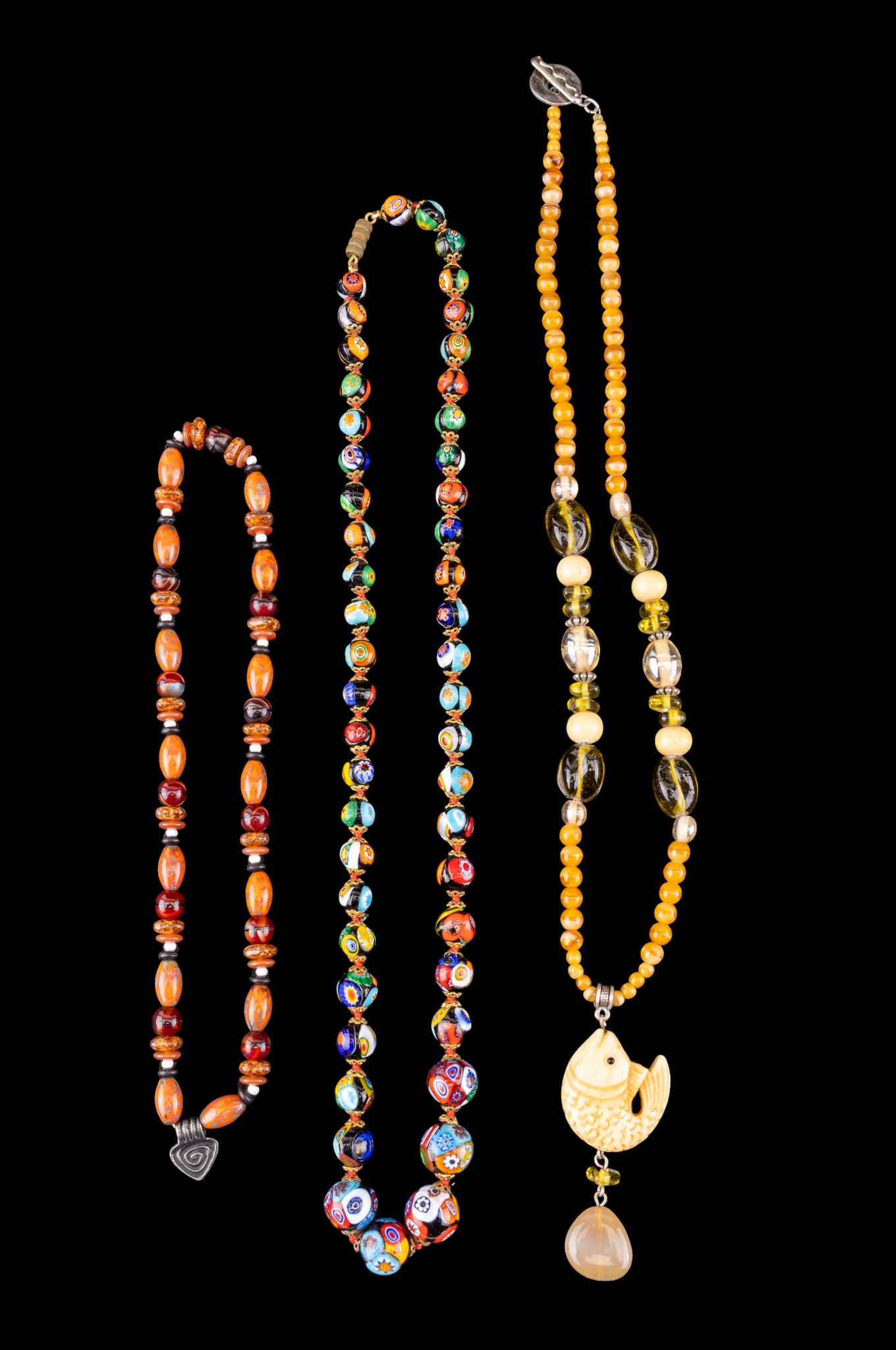Beaded Necklaces with Millefiori, Carved Pendants (1 of 8)