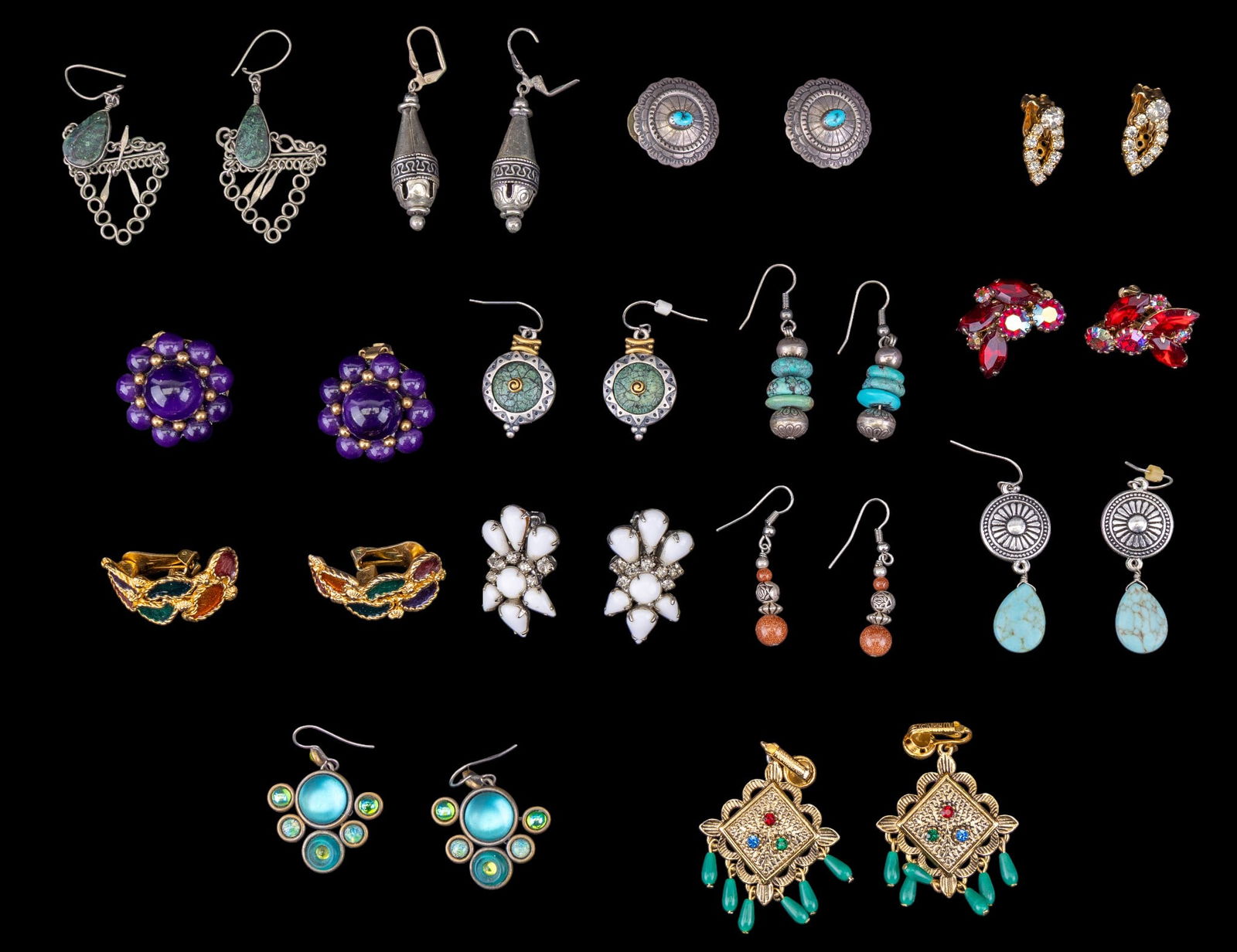 Designer Clip on and Pierced Earrings (14prs): A collection of 14 pairs of designer clip on and pierced earrings including vintage Sarah Coventry, Weiss, Kramer of New York, turquoise, sandstone, and more.