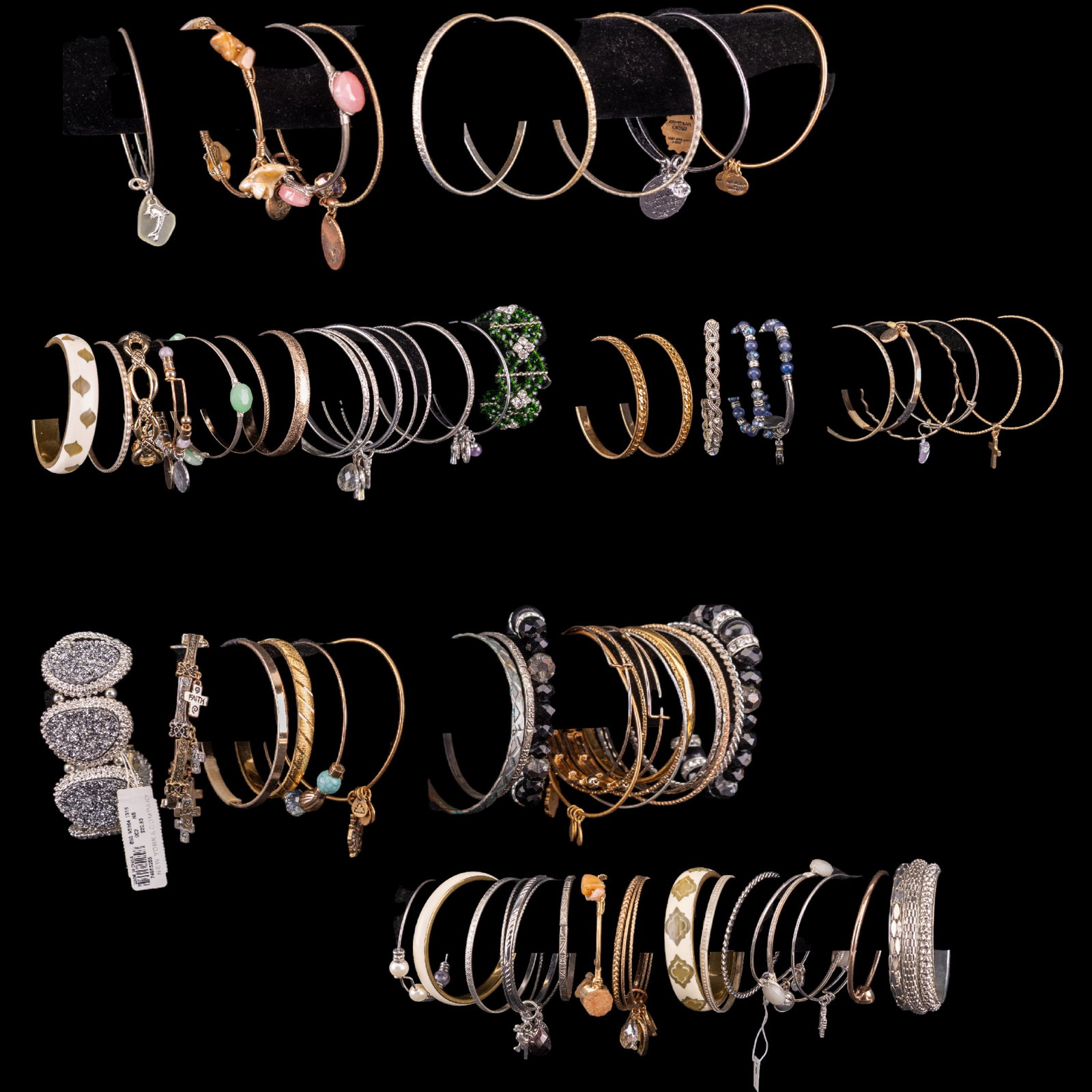 Huge Fashion Bangle Collection w/ Alex and Ani: Over 65 fashion bangles by Alex and Ani and others in assorted designs, colors, and materials. The assortment includes metallic tones, enamel finishes, and a variety of decorative patterns.