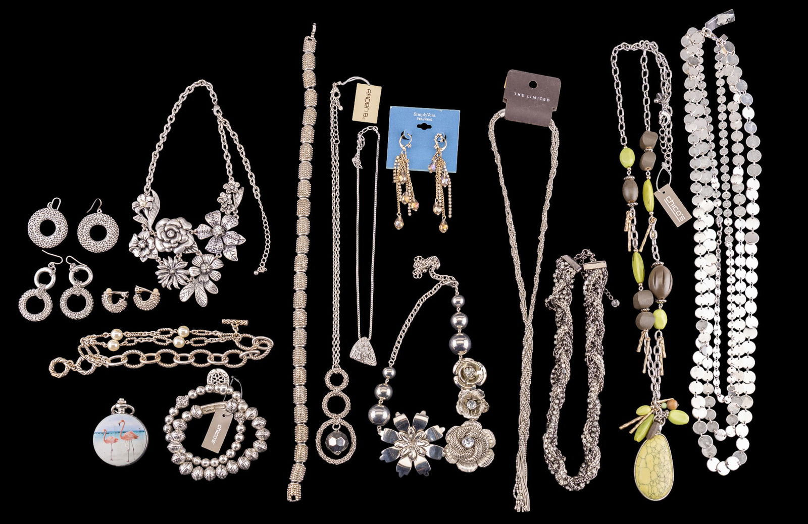 Jewelry Chico's, Arden B., Simply Vera: Jewelry collection featuring various branded pieces, including designs by Chico's, Arden B., The Limited, and Simply Vera by Vera Wang and others. Includes silver tone beaded necklaces, floral motifs,