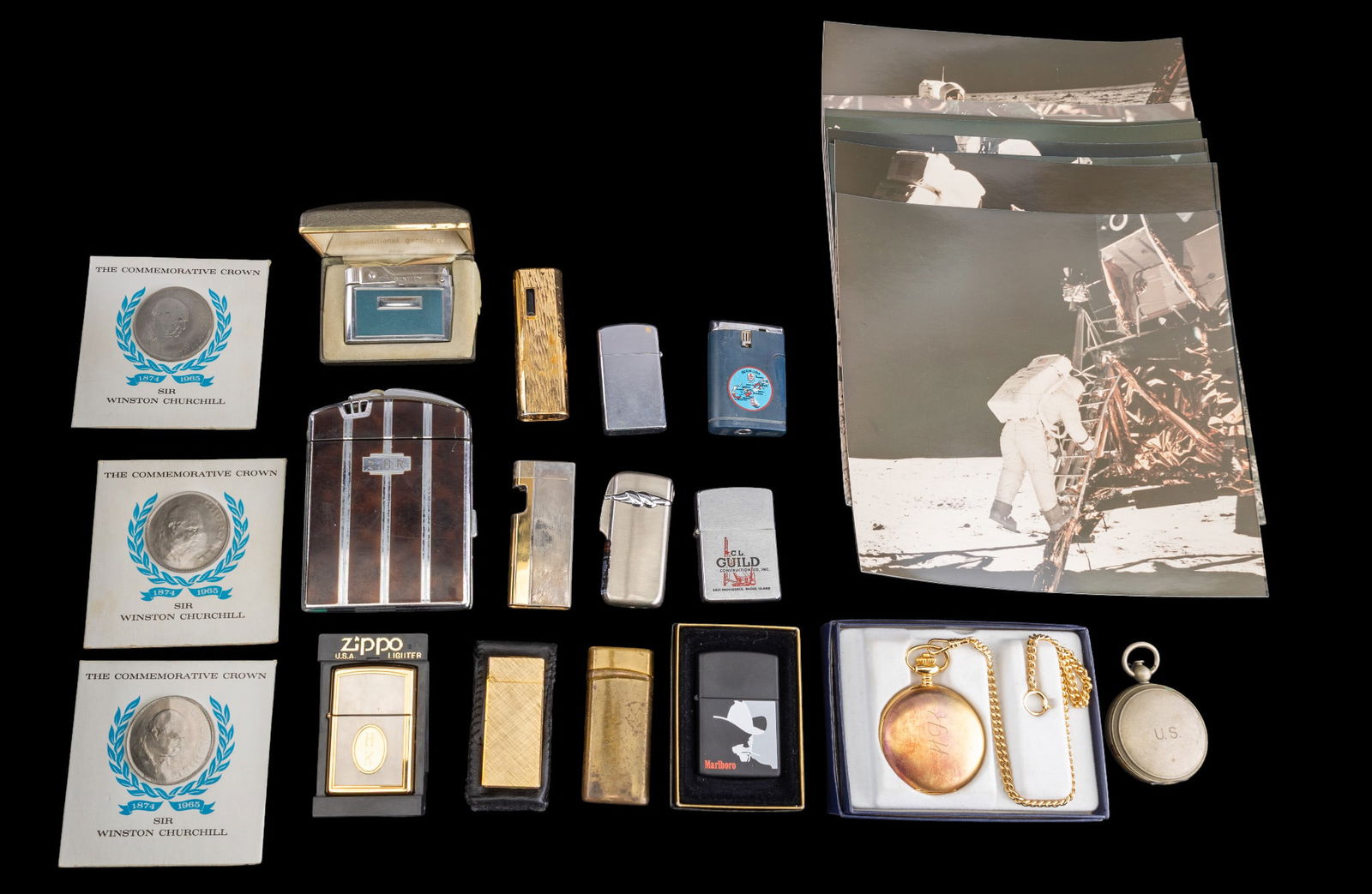 Lighters, Apollo Photos & ENG Crowns (12): Various lighters, featuring a branded Zippo lighter with gold-tone detailing and custom engraving, a Bentley butane lighter in its original branded case, a cigarette case, lighter combination and seve