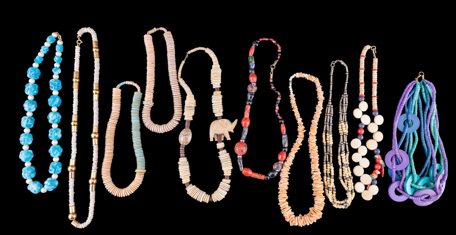 Vintage Beaded Necklaces (12): Total of 12 vintage necklaces featuring various materials, including colorful beads, large plastic pendants, faux pearls, and unique designs. The necklaces showcase a variety of colors like turquoise