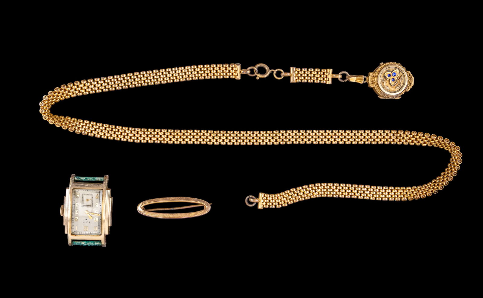 Victorian Gold Jewelry and GF Fob, Elgin Watch: Victorian 14K gold oval brooch with a brushed finish, measuring 1 1/8 inches long (pin is not gold), marked 14K. Total weight of 1.54 grams (estimated 1.3 grams sans pin); and a gold filled Victorian