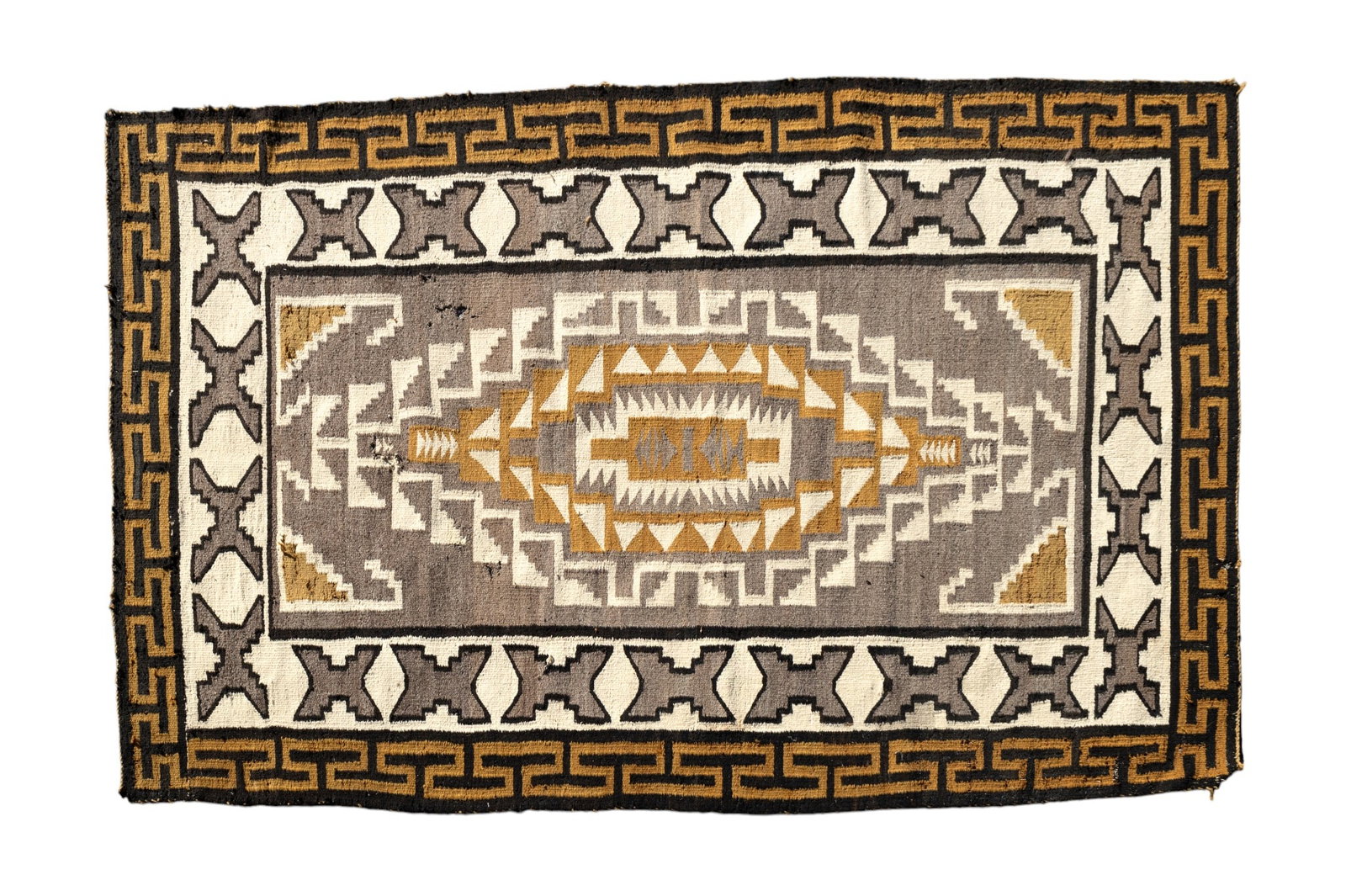 Antique Native American Rug: Antique Native American geometric rug in whites, yellow, and black, approx 82" x 51". Flat weave, has areas needing repair, small holes range in size approx 1/2" dia to 2" dia.