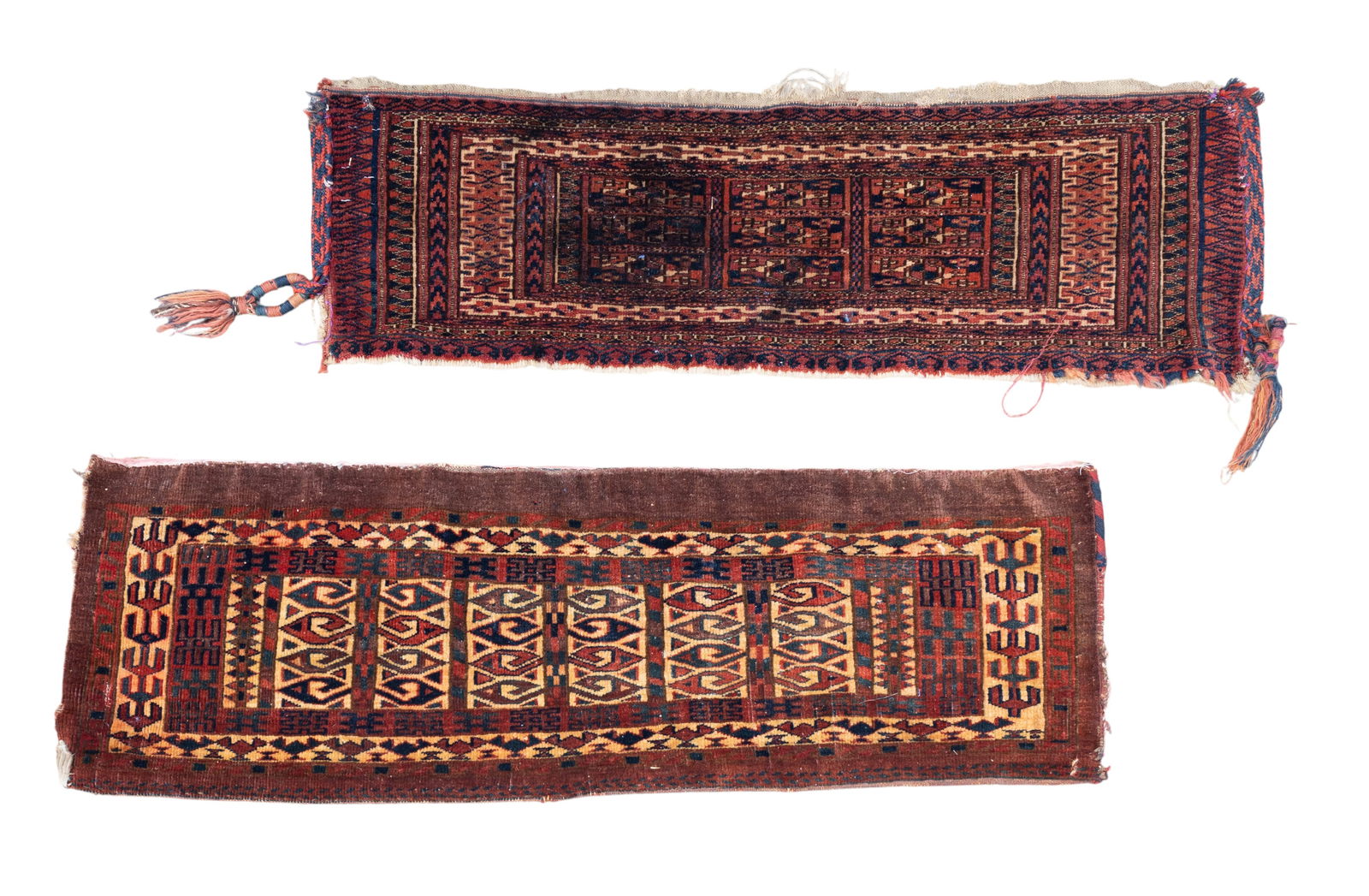 2 Antique Turkoman Bagfaces / Woven Textiles: 2 Antique Turkoman bagfaces. Approx. measurements include 1' x 3' and 1'2" x 3'2".