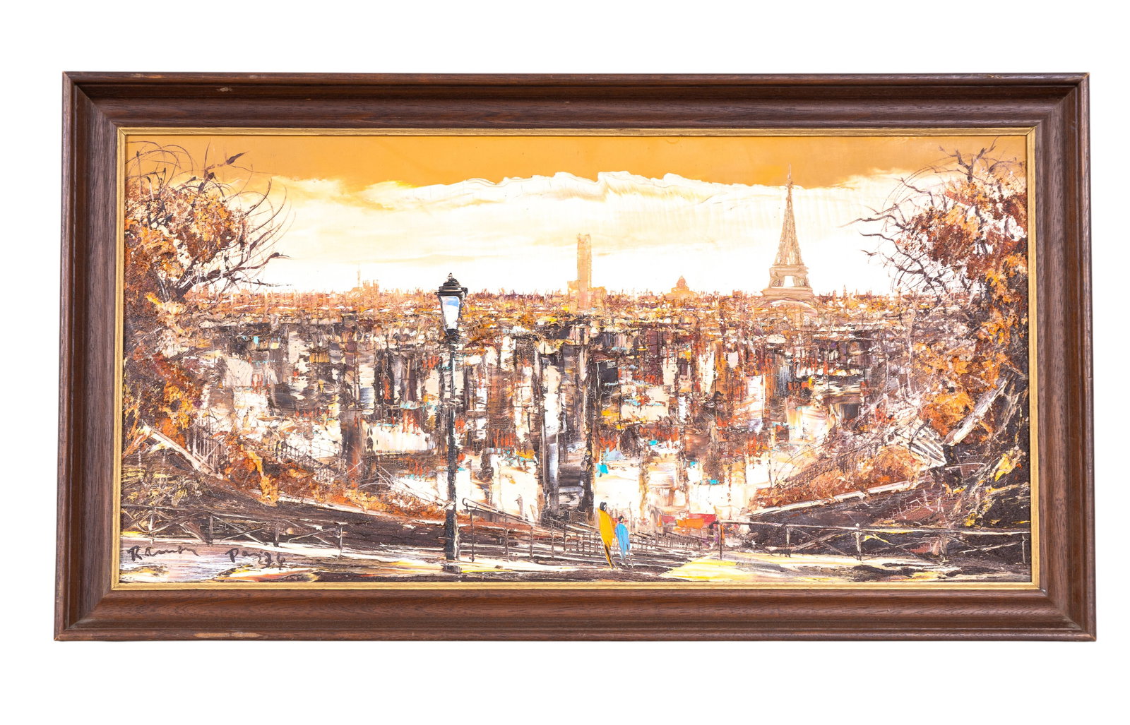 French School 1974 Eiffel Tower Oil Painting: French School abstract cityscape painting in oil on canvas, signed and dated 1974. Features the Eiffel Tower in a mid-century modern, Brutalist-influenced style. The vibrant composition depicts Paris