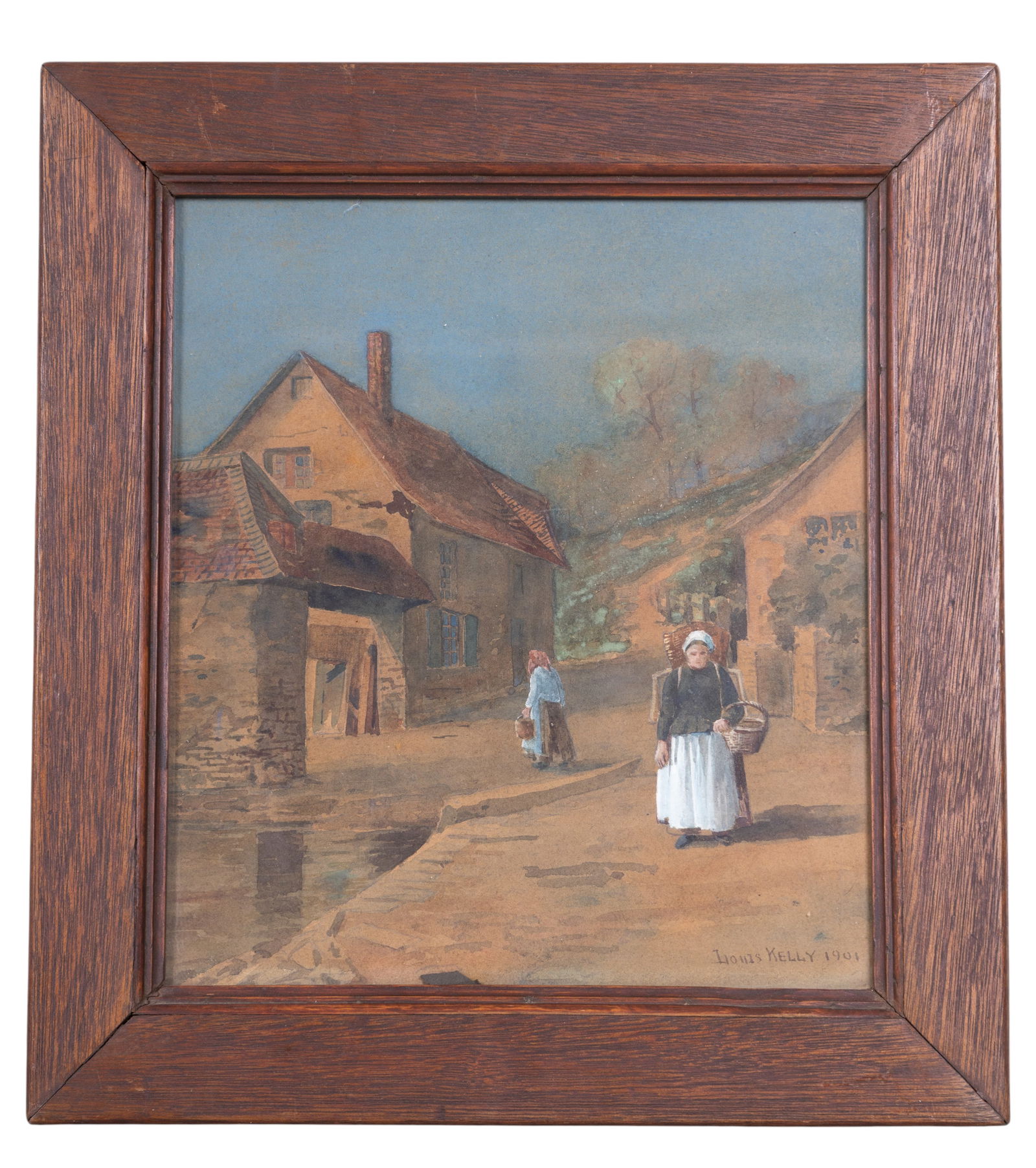 1901 Continental School Watercolor, Louis Kelly: Watercolor and gouache painting depicting a village scene, signed by Louis Kelly and dated 1901. Framed in a hardwood frame with dimensions of 15 x 16 1/2 inches. Artwork showcases detailed figures