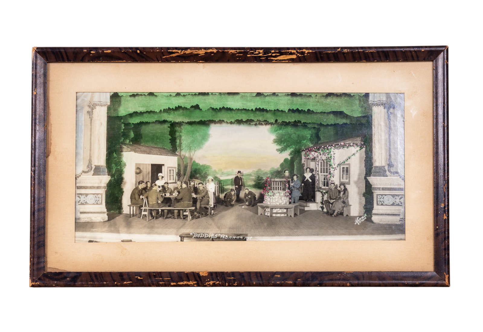Theatrical Photograph by Kauffman Studios, 1924: Believe to be York County: A theatrical photograph titled ?Buddies,? dated February 1924, by Kauffman Studios. Depicts a staged scene featuring multiple individuals in period attire with a painted
