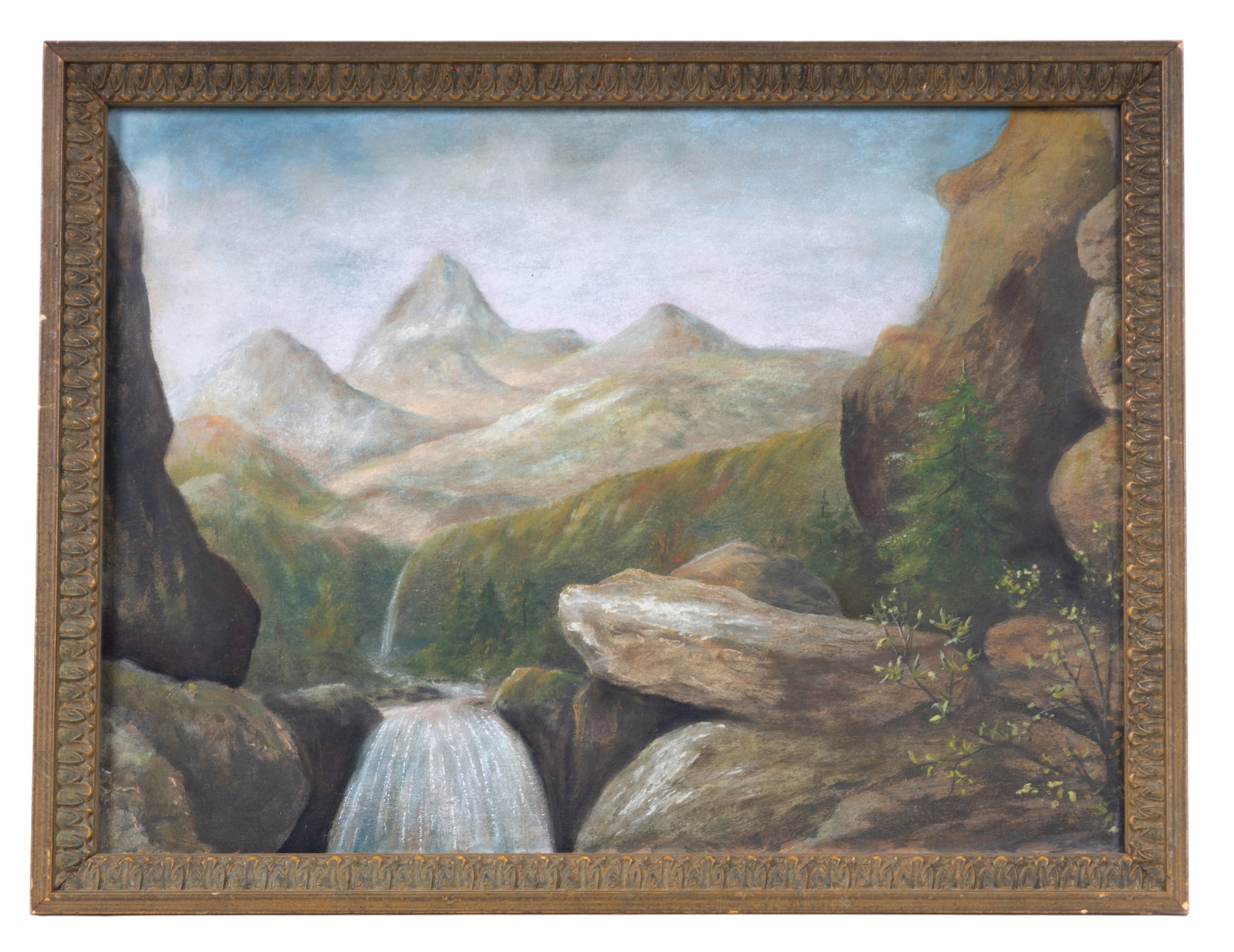 Ernst Zimmerman (American, 1870-1944) Watercolor: Pastel landscape painting depicting a rocky, mountainous scene with cascading waterfall and misty sky. Signed lower left "Ernst Zimmerman". Measures approx. 19.25" H x 25" W OD.
