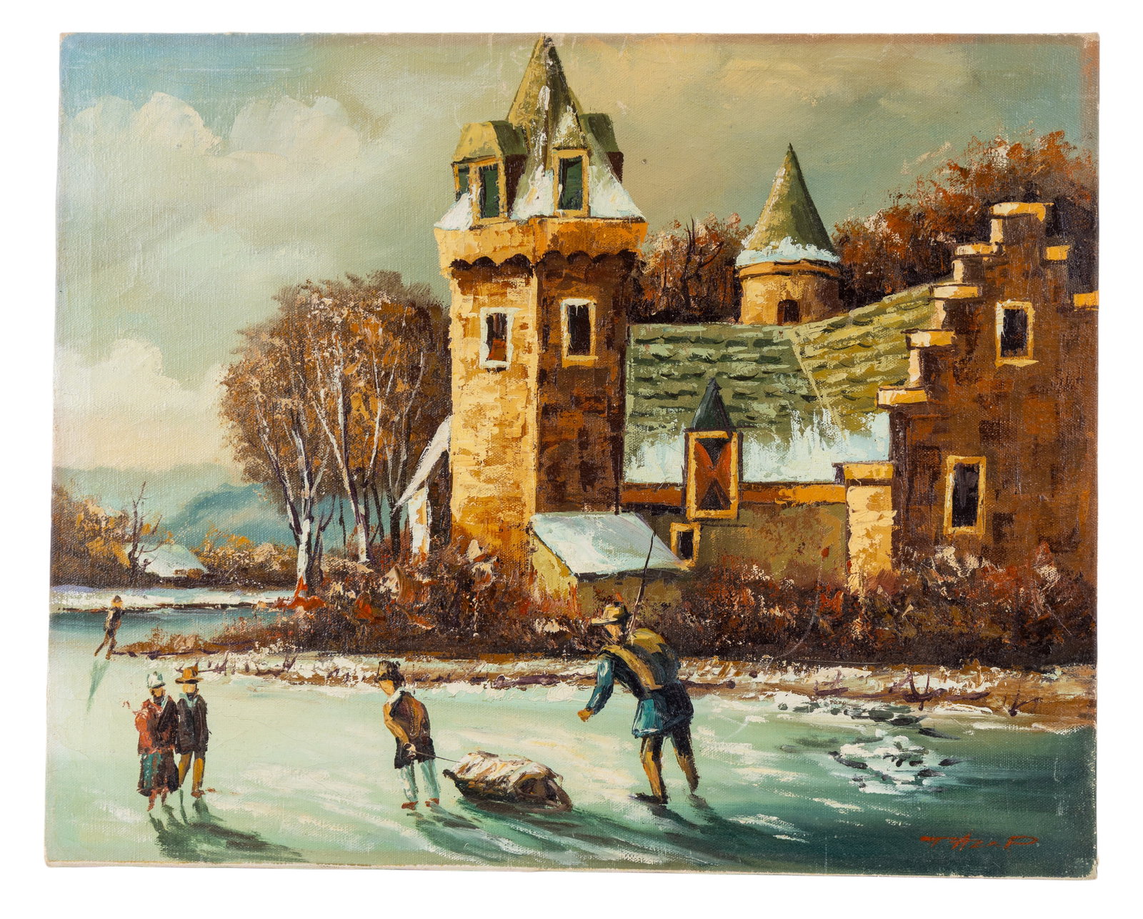 Signed Oil on Canvas Landscape: Oil on canvas winter landscape painting, signed lower right. Depicts figures ice skating on a frozen river in front of a European-style manor with towers. Measures approx. 16" x 20".