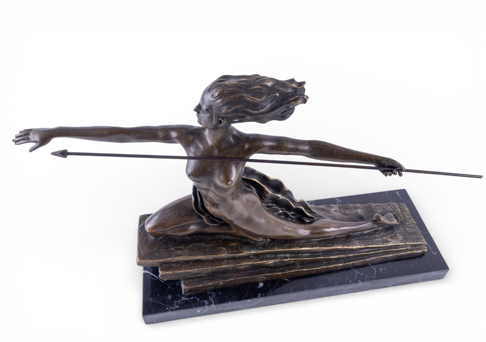 Marcel Bouraine Art Deco Bronze, Signed: Bronze Art Deco figure of a nude female in a dramatic kneeling pose with arms extended, holding a long spear. Signed "M. Bouraine" in the cast at the base. Mounted on a rectangular black marble