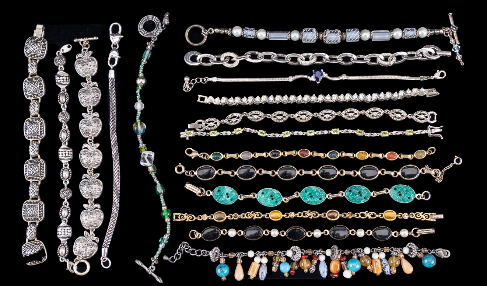 Costume Jewelry Bracelet Collection: A nice collection of 16 fashion bracelets that includes scarab inspired, cut stones, beads, and linked designed costume jewelry.