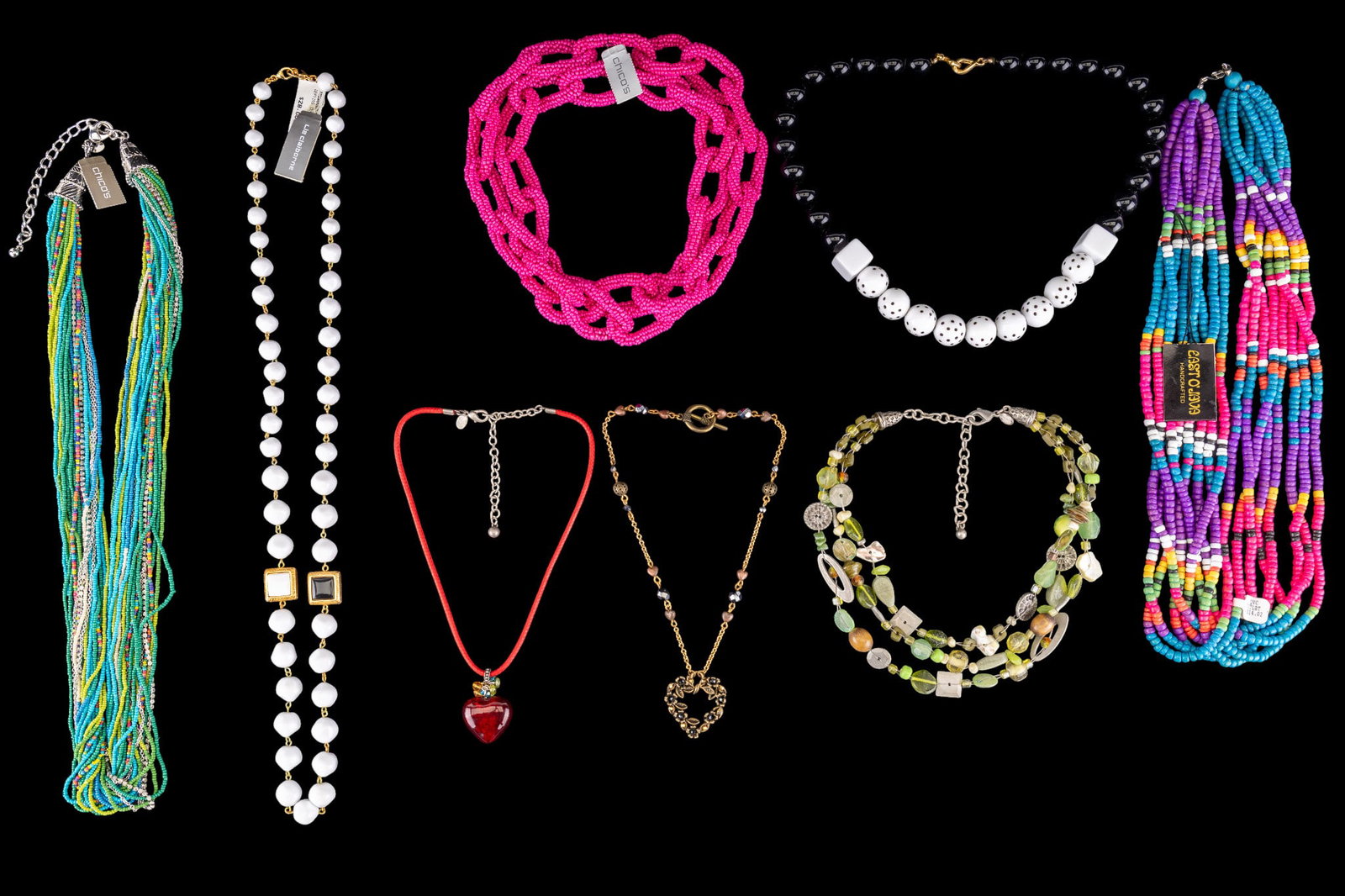 Colorful Glass and Acrylic Beaded Necklaces: Collection of multi strand colorful neon glass micro bead necklaces, featuring a chain link style magenta bead necklace by Chico's, and more.