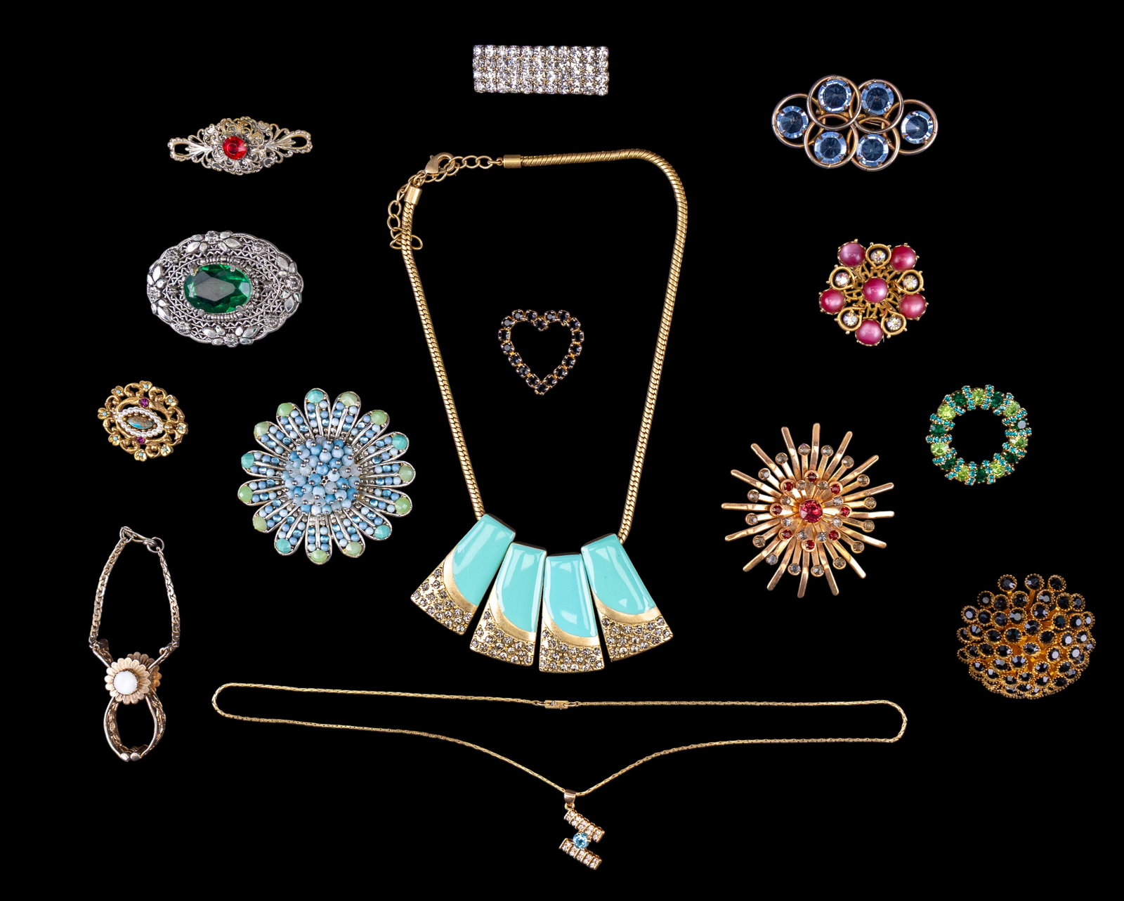 Bling Brooch Pin and Necklace Collection: Collection includes 11 classic brooch pins , 2 vintage necklaces and a 1950's glove/scarf clip for a purse.