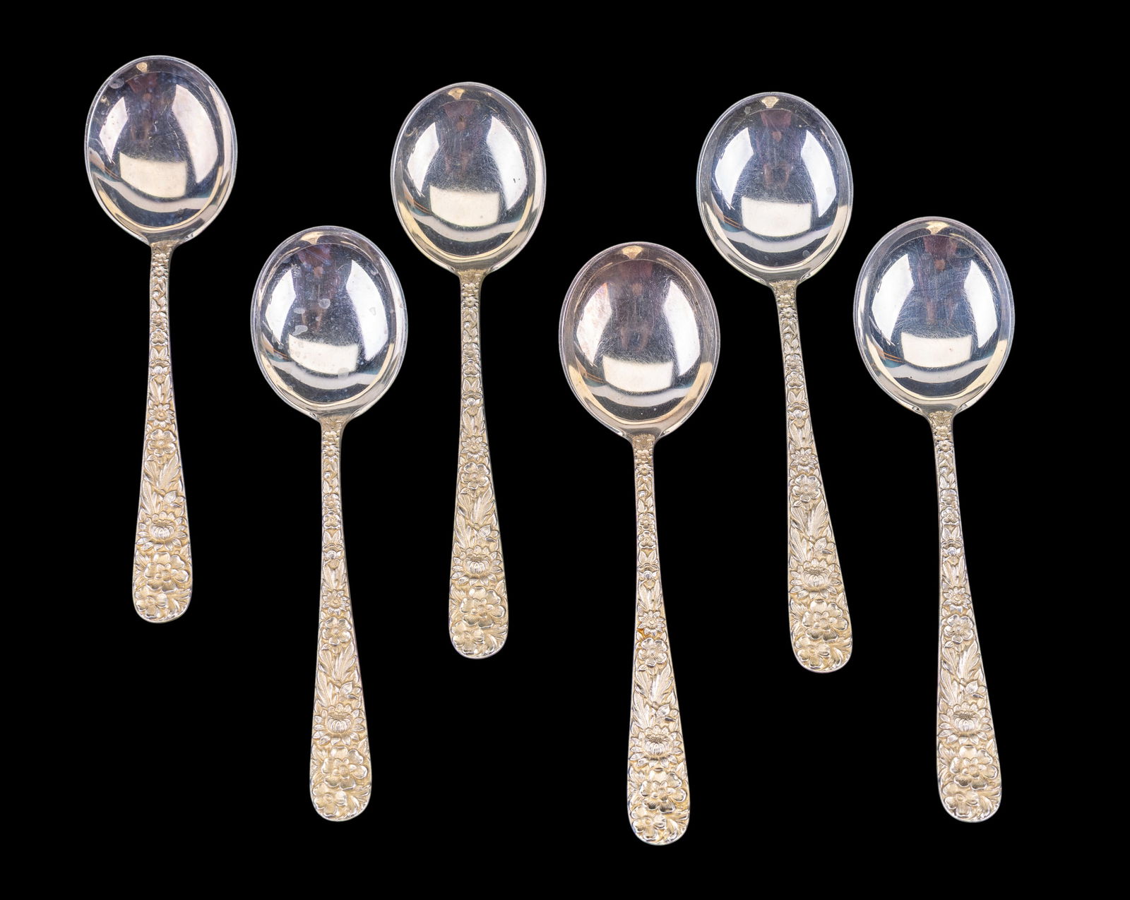 6 S. Kirk & Son Repousse Silver Soup Spoons (1 of 4)