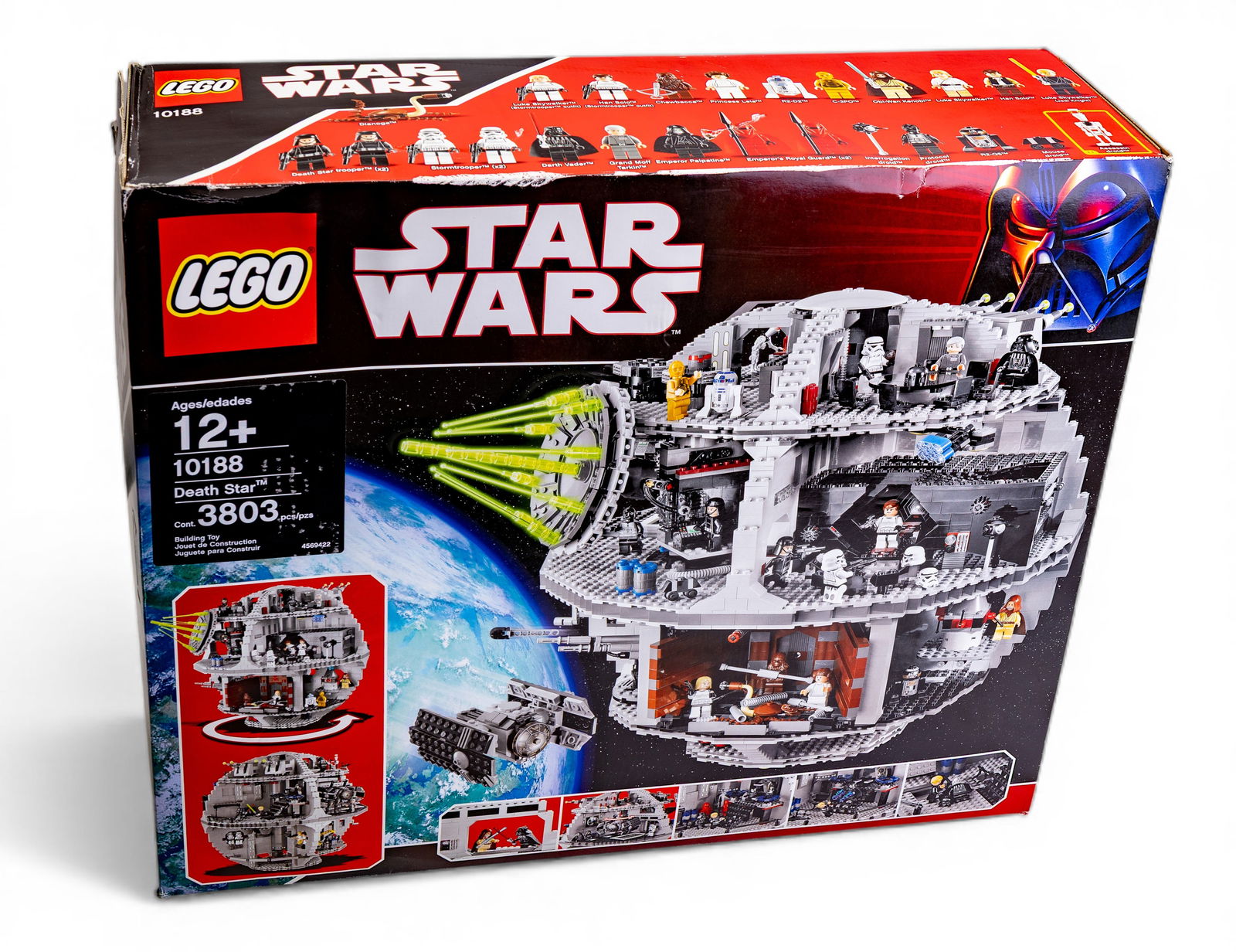 LEGO Star Wars Death Star Set 10188 (NIB): LEGO Star Wars Death Star set 10188, appears to be new in box (NIB). Features detailed scenes and characters from the Star Wars series. The box shows noticeable wear but remains intact. Includes 3,803