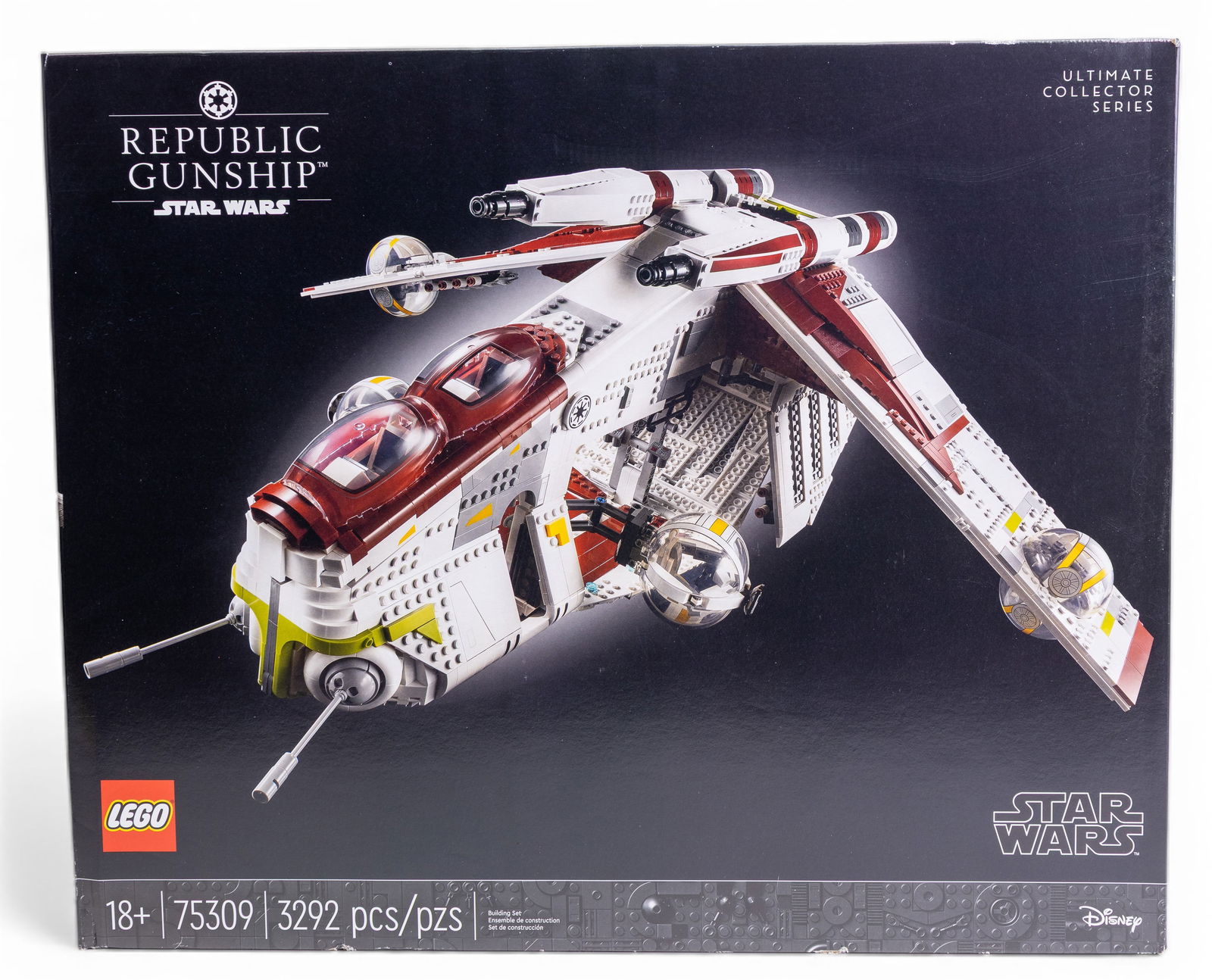 LEGO Star Wars Republic Gunship Set (NIB): LEGO Star Wars Ultimate Collector's Series Republic Gunship, set number 75309. Contains 3,292 pieces and is designed for ages 18+. Features highly detailed design from the Star Wars universe. Box is m