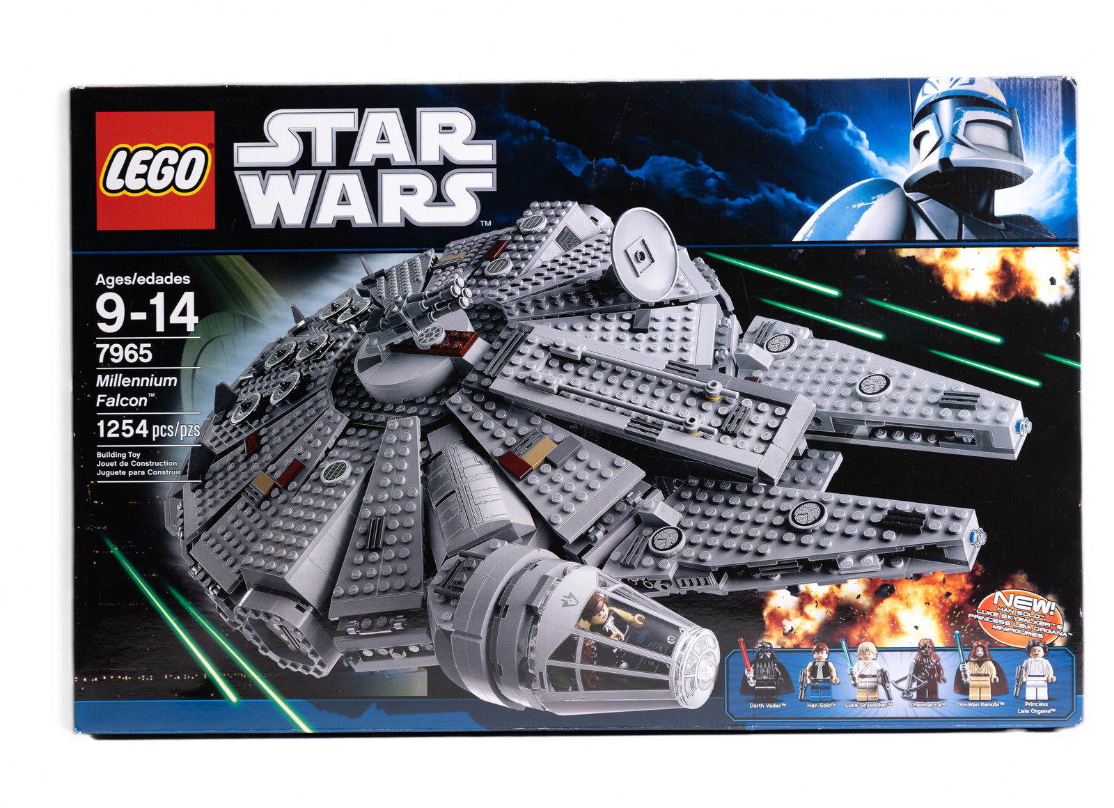 Lego Star Wars Millennium Falcon Set 7965: Lego Star Wars set 7965, featuring the Millennium Falcon. Includes 1,254 pieces and six minifigures: Han Solo, Luke Skywalker, Chewbacca, Obi-Wan Kenobi, Princess Leia, and Darth Vader. Packaging is n