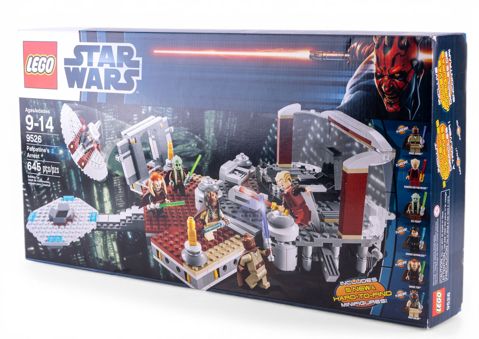 LEGO Star Wars Set 9526 Palpatine's Arrest: LEGO Star Wars set 9526, Palpatine's Arrest, includes 645 pieces. Features minifigures of key characters and a detailed diorama of a significant scene. Box front and back depict the set's components a