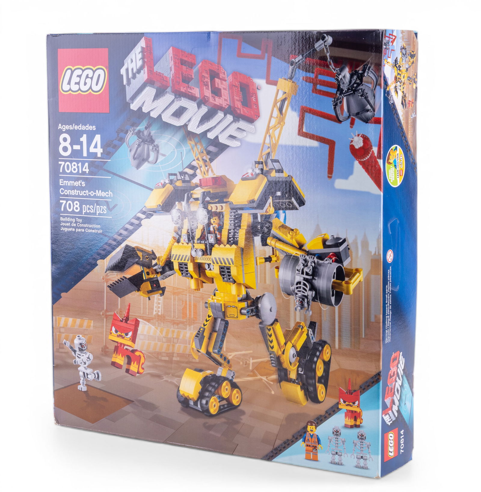 LEGO 70814 Emmet's Construct-o-Mech: LEGO set 70814, Emmet's Construct-o-Mech, from The LEGO Movie series. The set includes 708 pieces and is recommended for ages 8-14. The box features artwork of the mech with detailed views on the fron