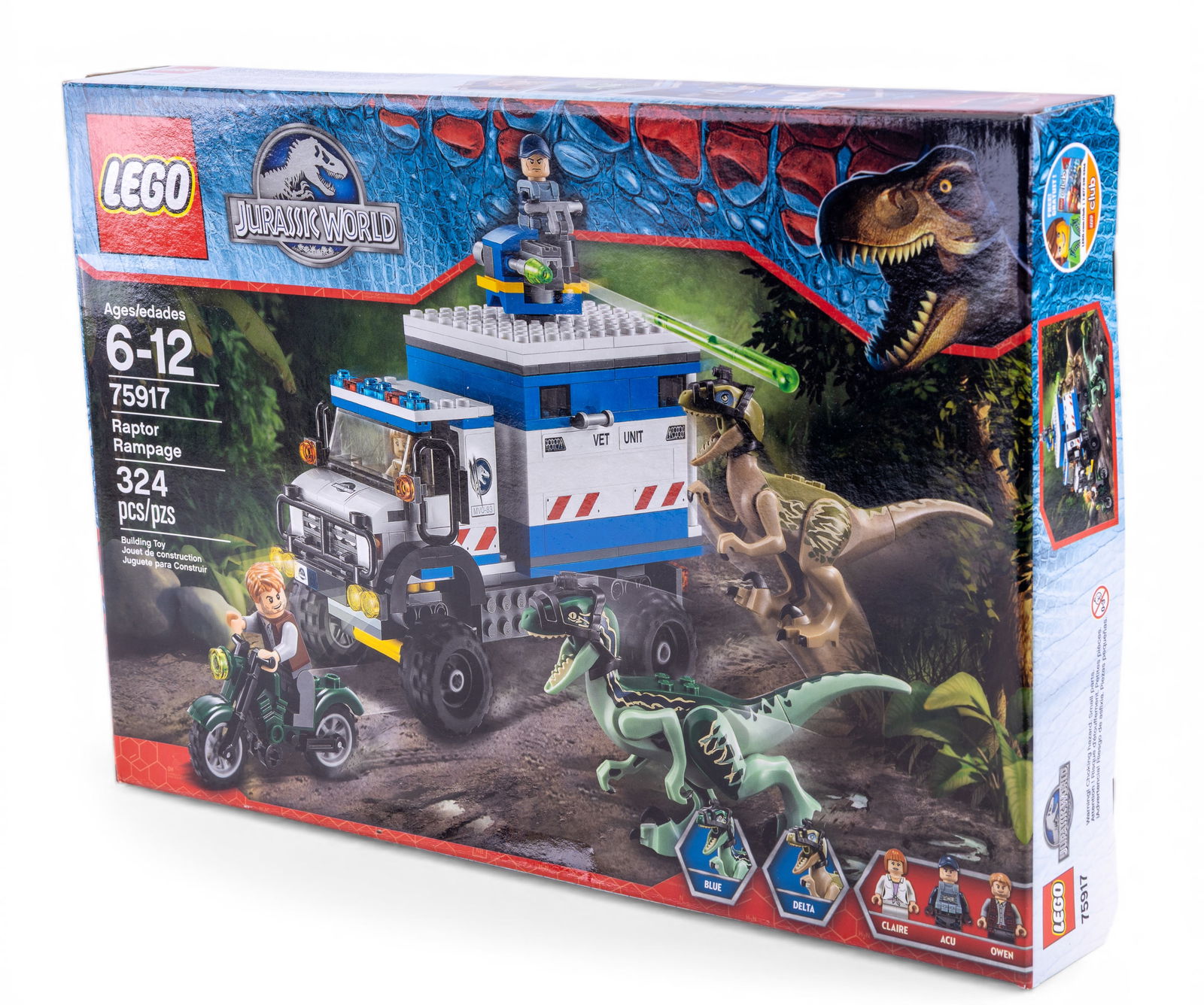 LEGO Jurassic World Set 75917 NIB: LEGO Jurassic World set 75917 "Raptor Rampage" featuring 324 pieces. Includes box and packaging, new in box (NIB). The set is suitable for ages 6-12 and includes dinosaurs, two minifigures, and a vehi
