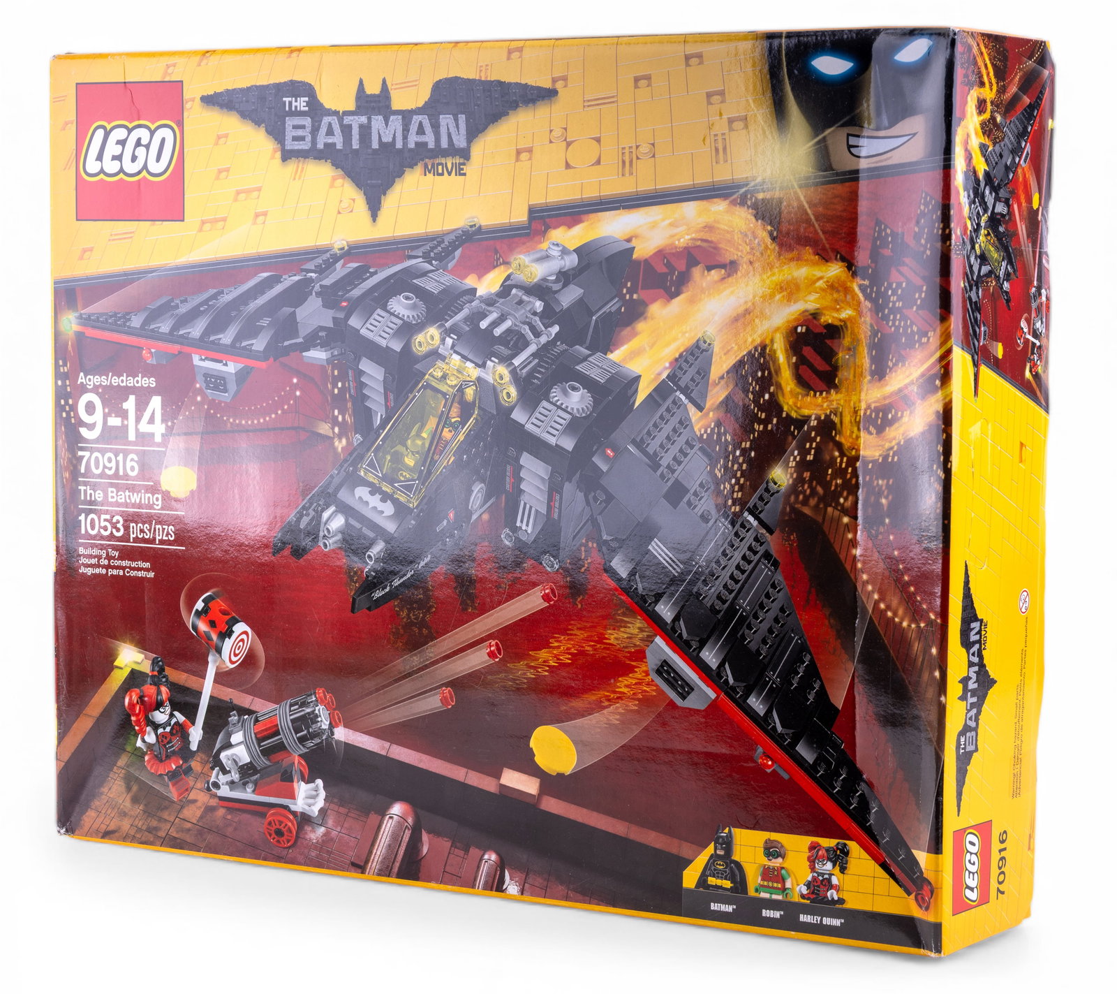 LEGO 70916 The Batwing NIB: LEGO 70916 The Batwing from The LEGO Batman Movie. Includes 1,053 pieces and features minifigures of Batman, Robin, and Harley Quinn. Designed for ages 9-14. The set is brand new in box (NIB) with no