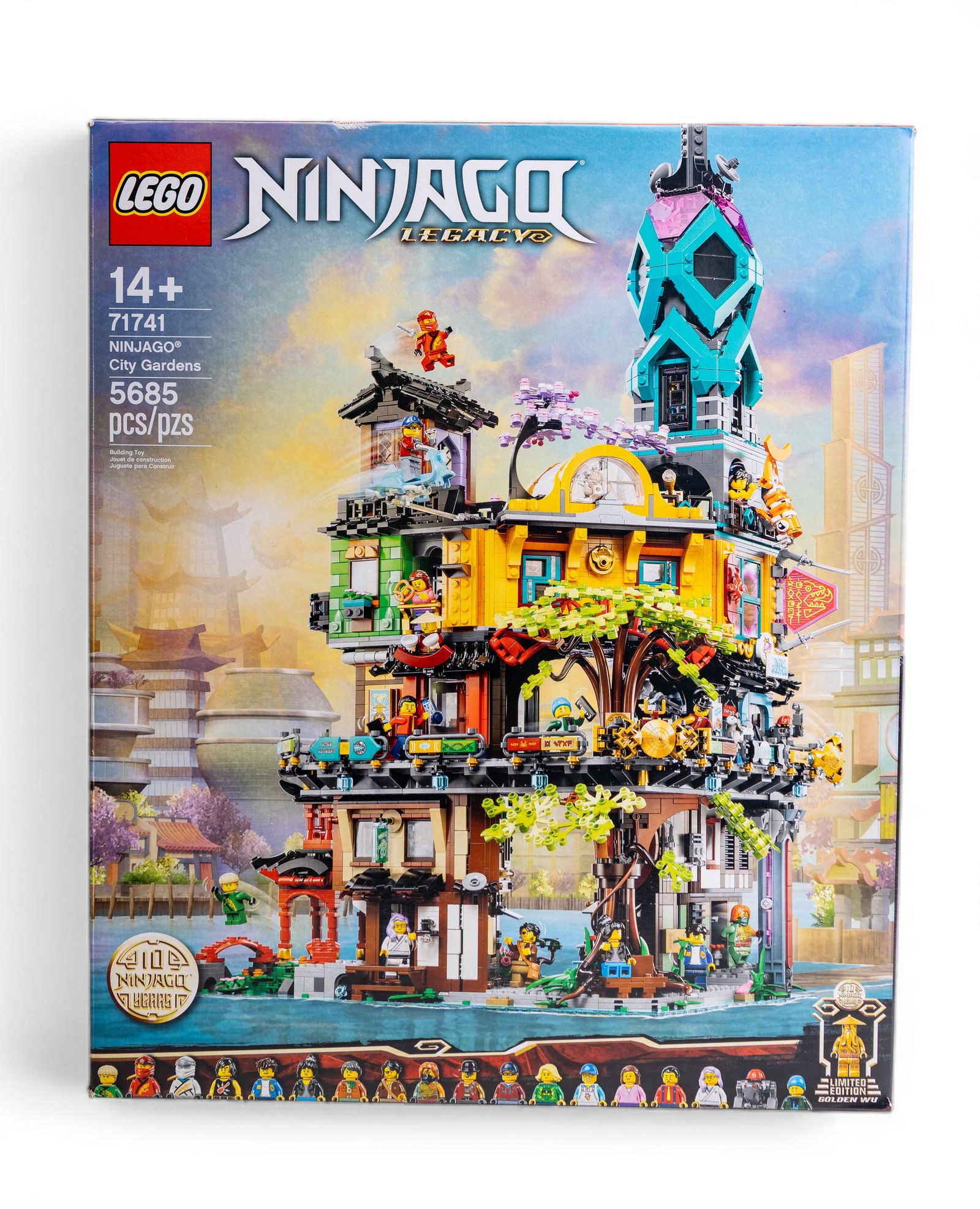 LEGO Ninjago City Gardens Set 71741 NIB: LEGO Ninjago Legacy City Gardens Set 71741, new in box (NIB), featuring 5,685 pieces. Recommended for ages 14 and up, this set includes a detailed multi-level building and multiple minifigures. The pa