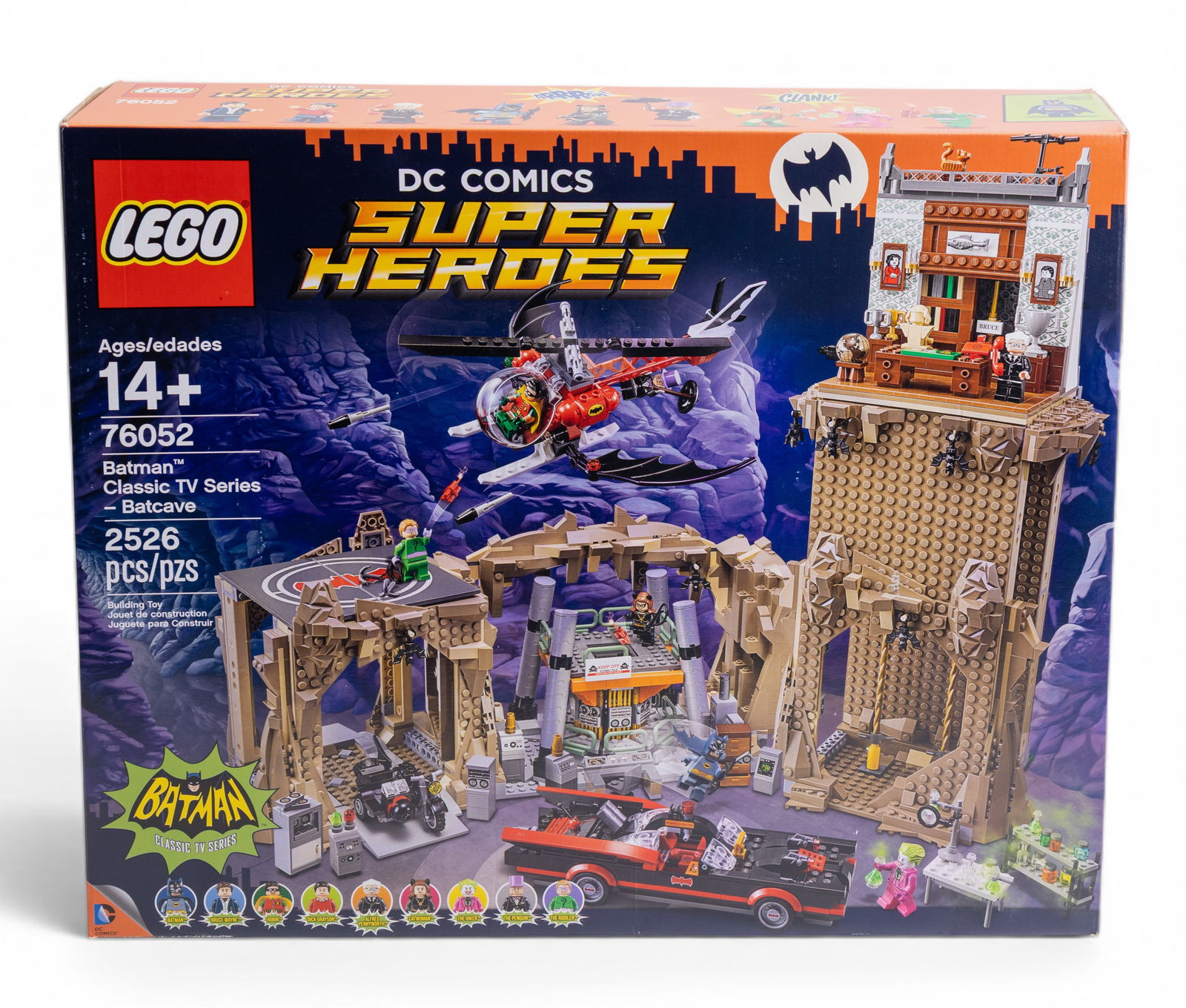 LEGO DC Comics Super Heroes Set 76052 NIB: LEGO DC Comics Super Heroes set 76052, titled 'Batman Classic TV Series Batcave.' Includes 2526 pieces and is new in box (NIB). Suitable for ages 14+, this set features iconic characters and detailed